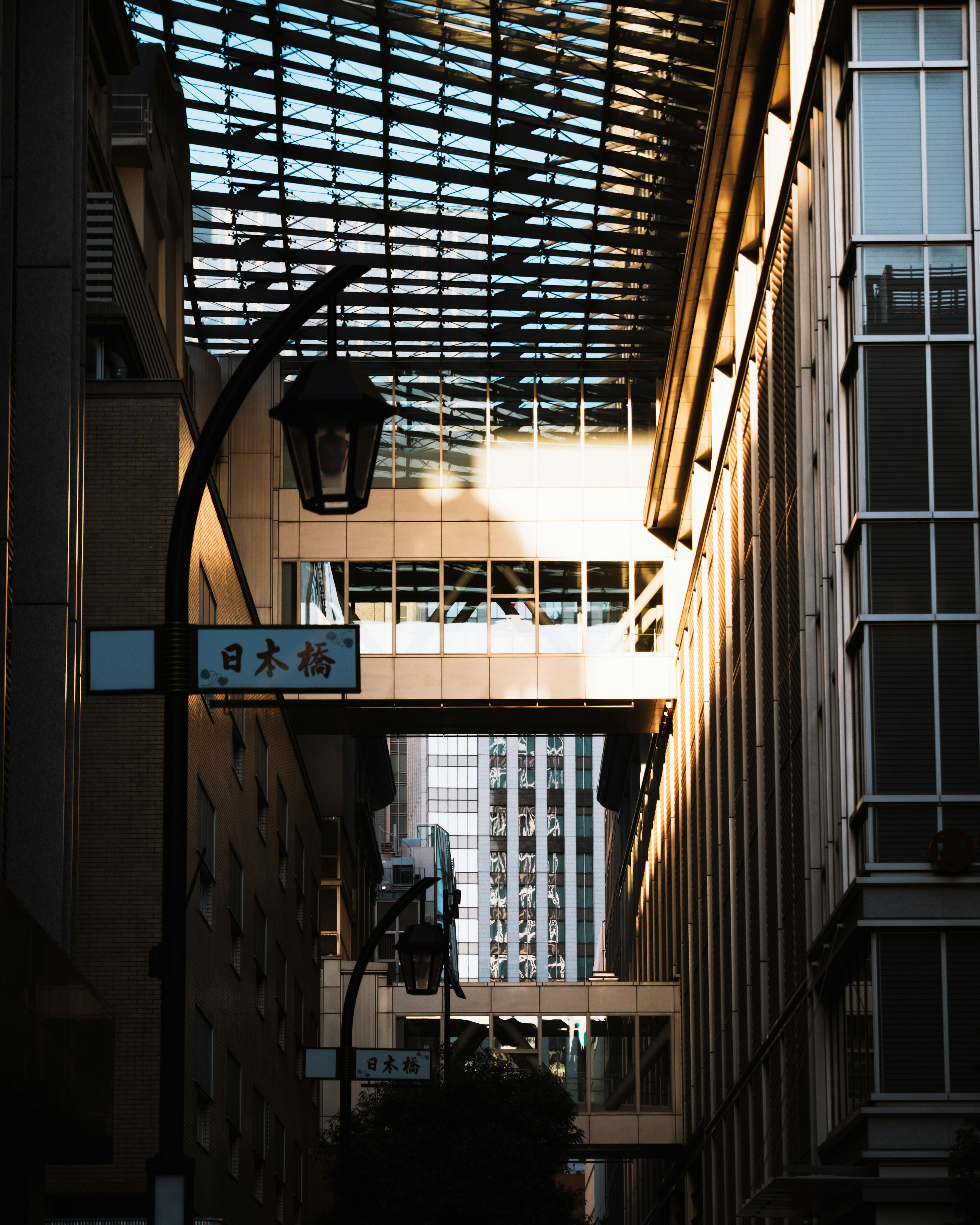 Contraste de luz y sombra en un callejón entre rascacielos