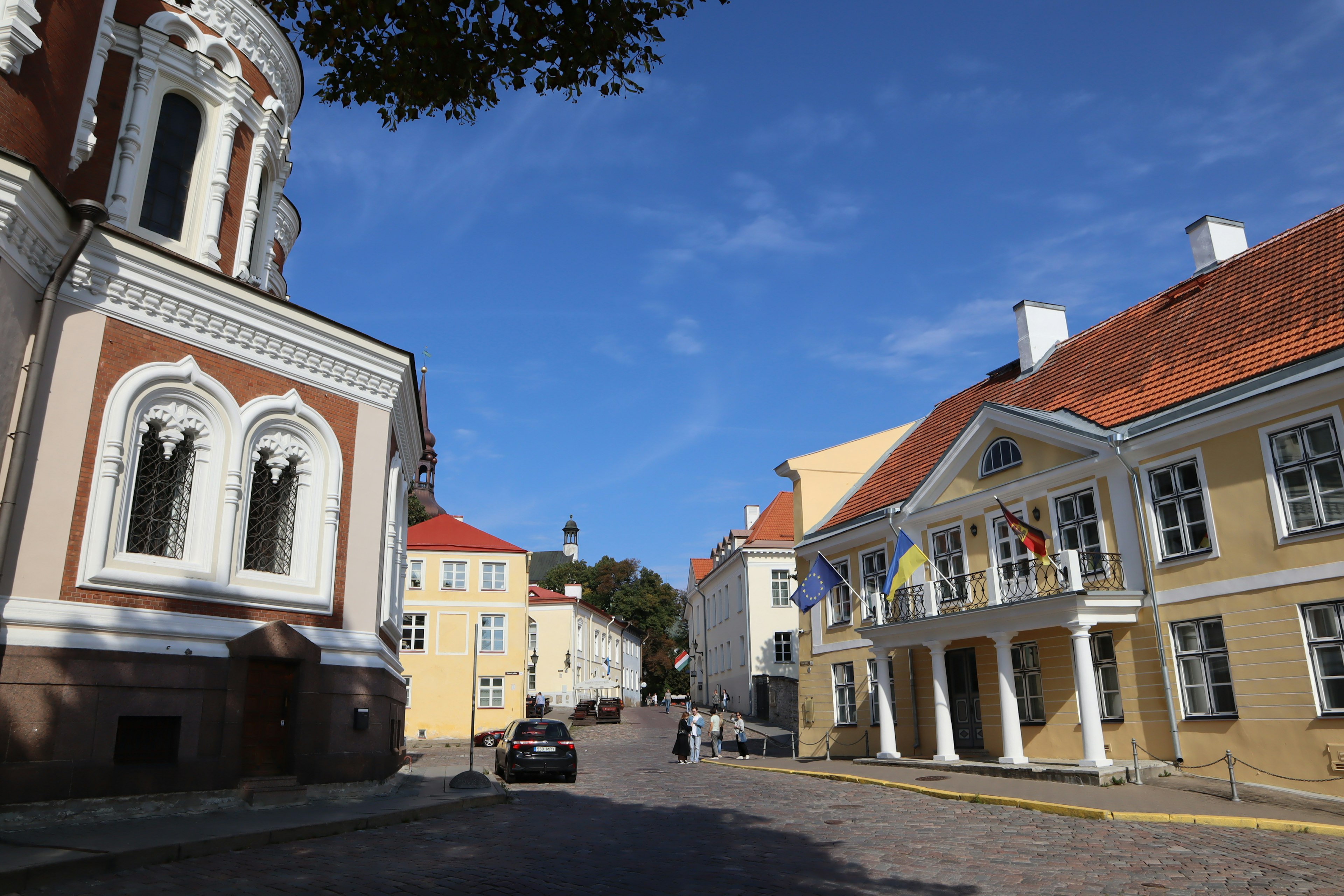 Historic street view in Tallinn Estonia with colorful buildings