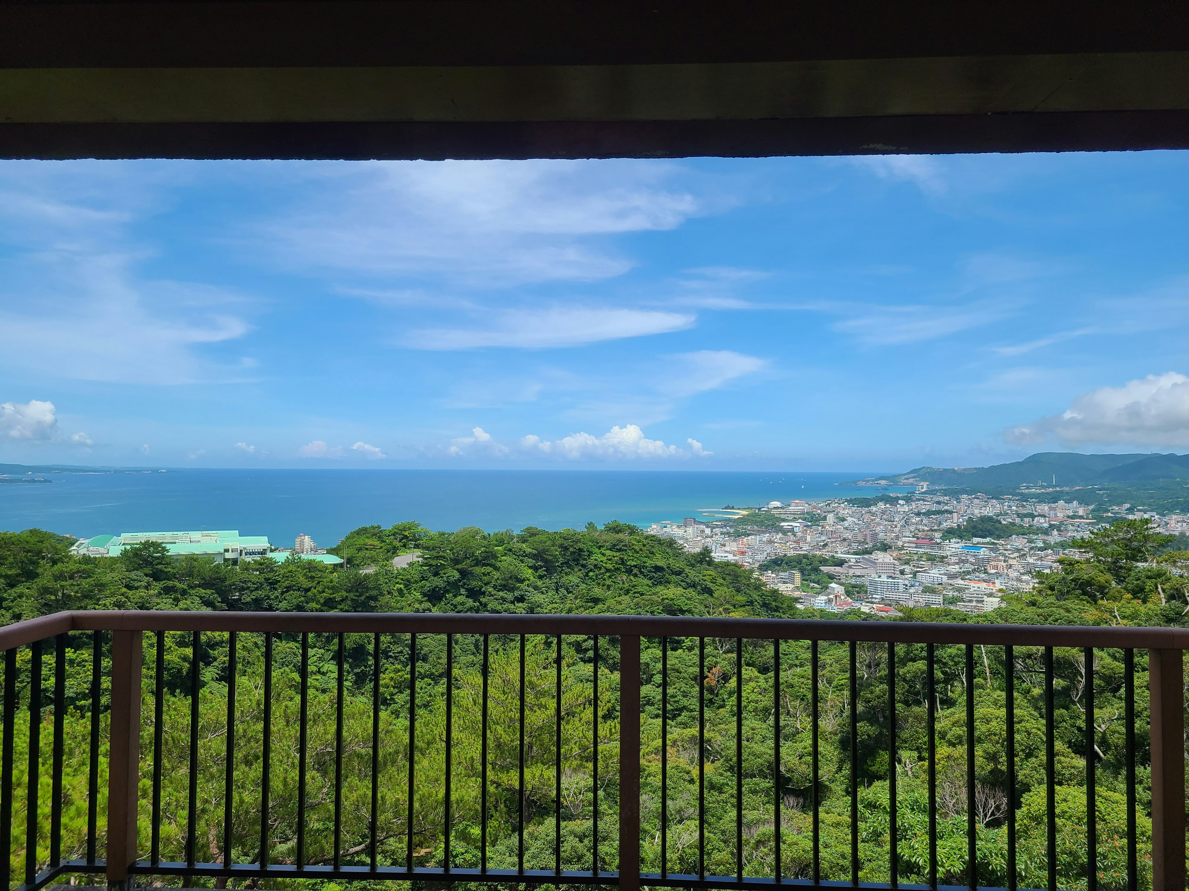 Scenic view of blue sky and ocean from a balcony overlooking green trees and a town