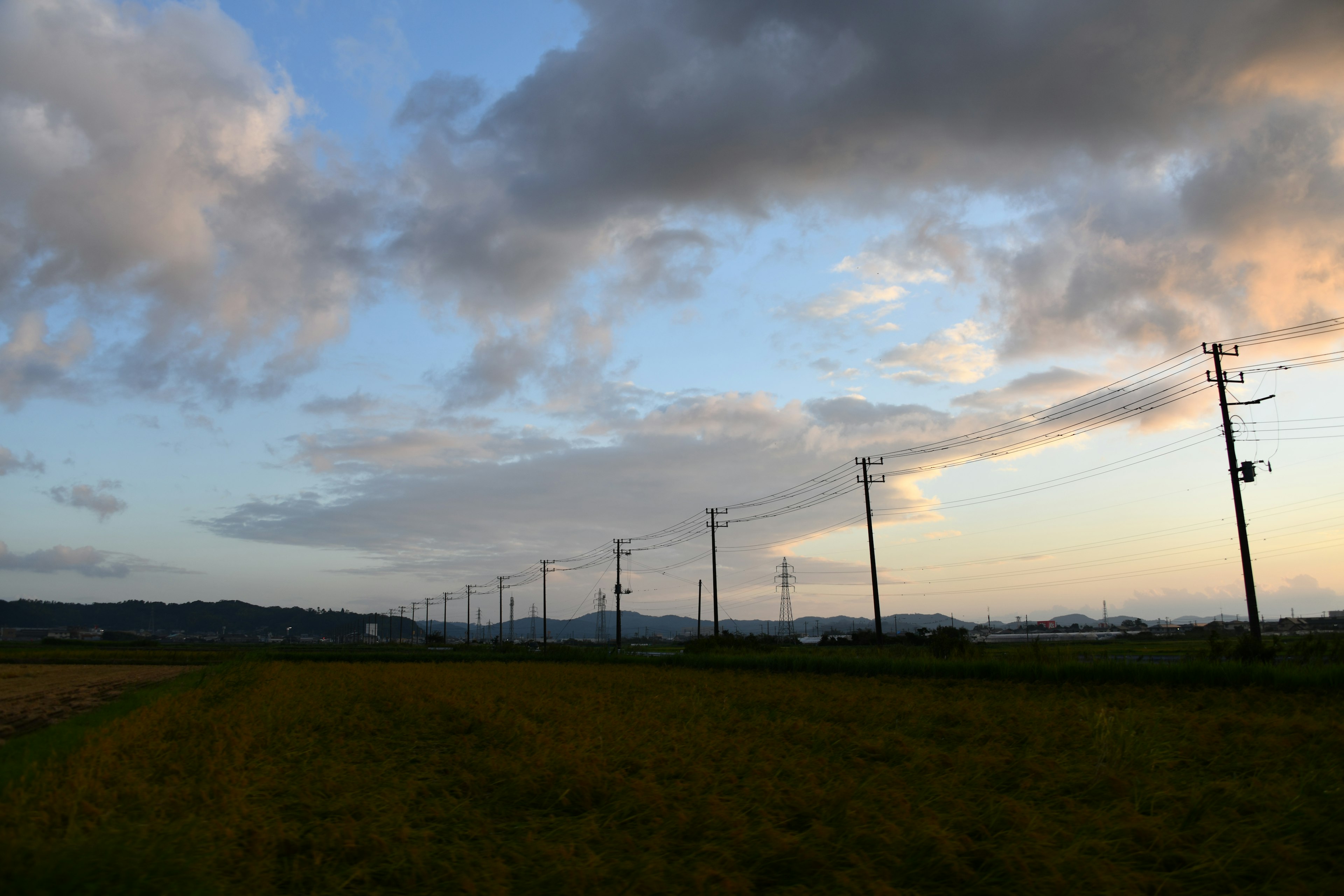 夕暮れの空と電柱が並ぶ田園風景