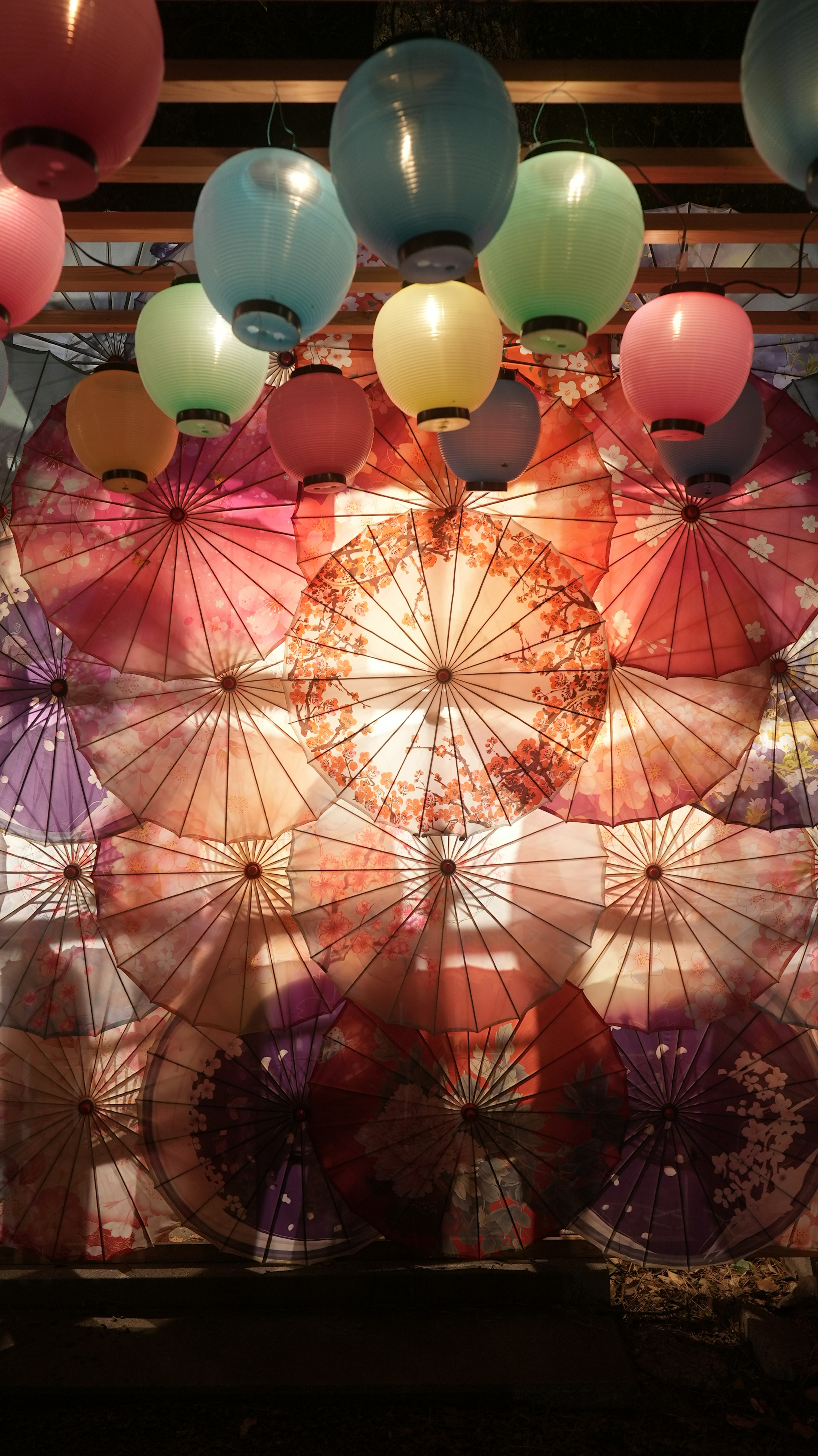 Colorful lanterns and floral-patterned umbrellas displayed as a backdrop