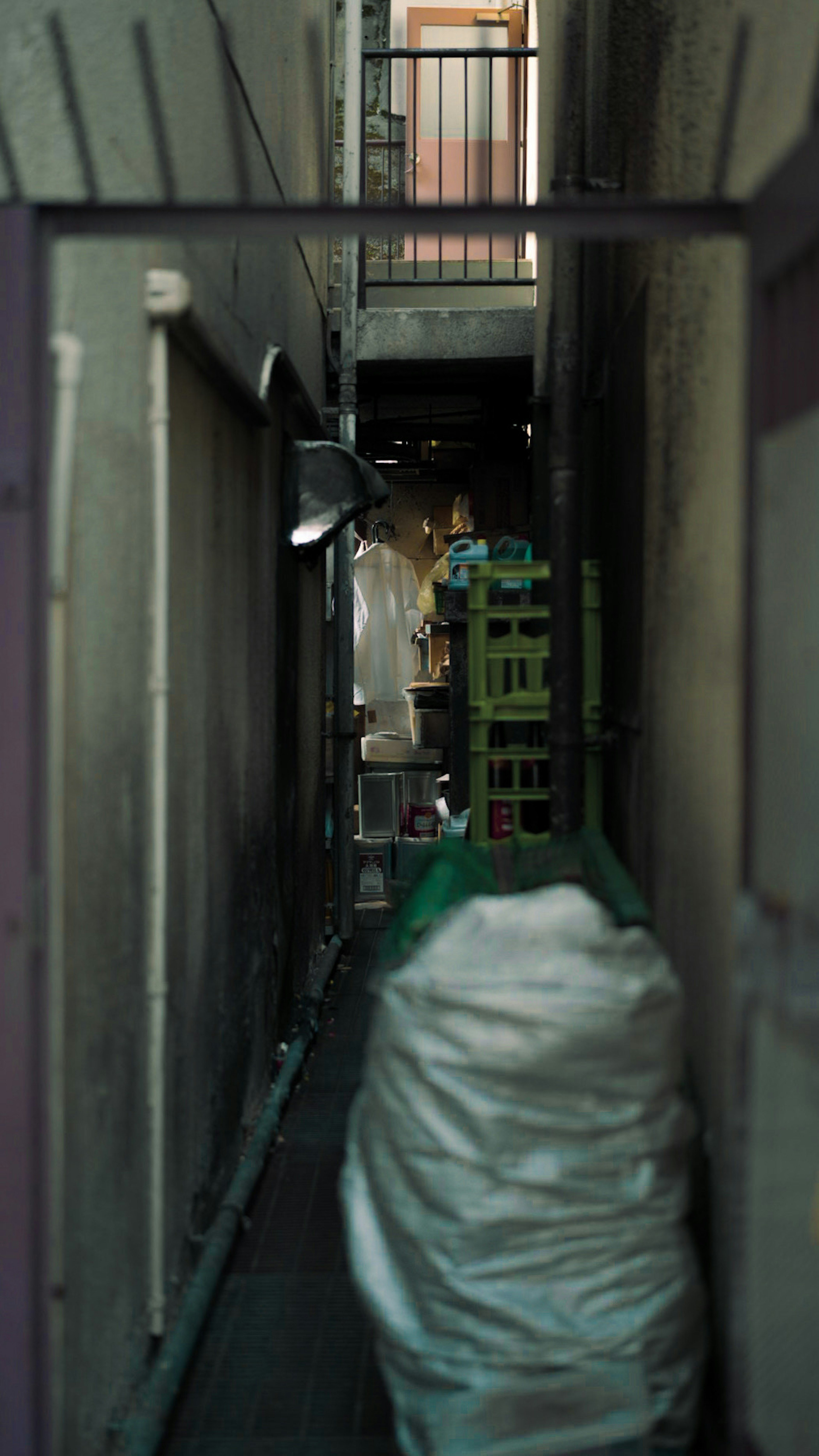 Callejón estrecho con una bolsa blanca y un carrito verde