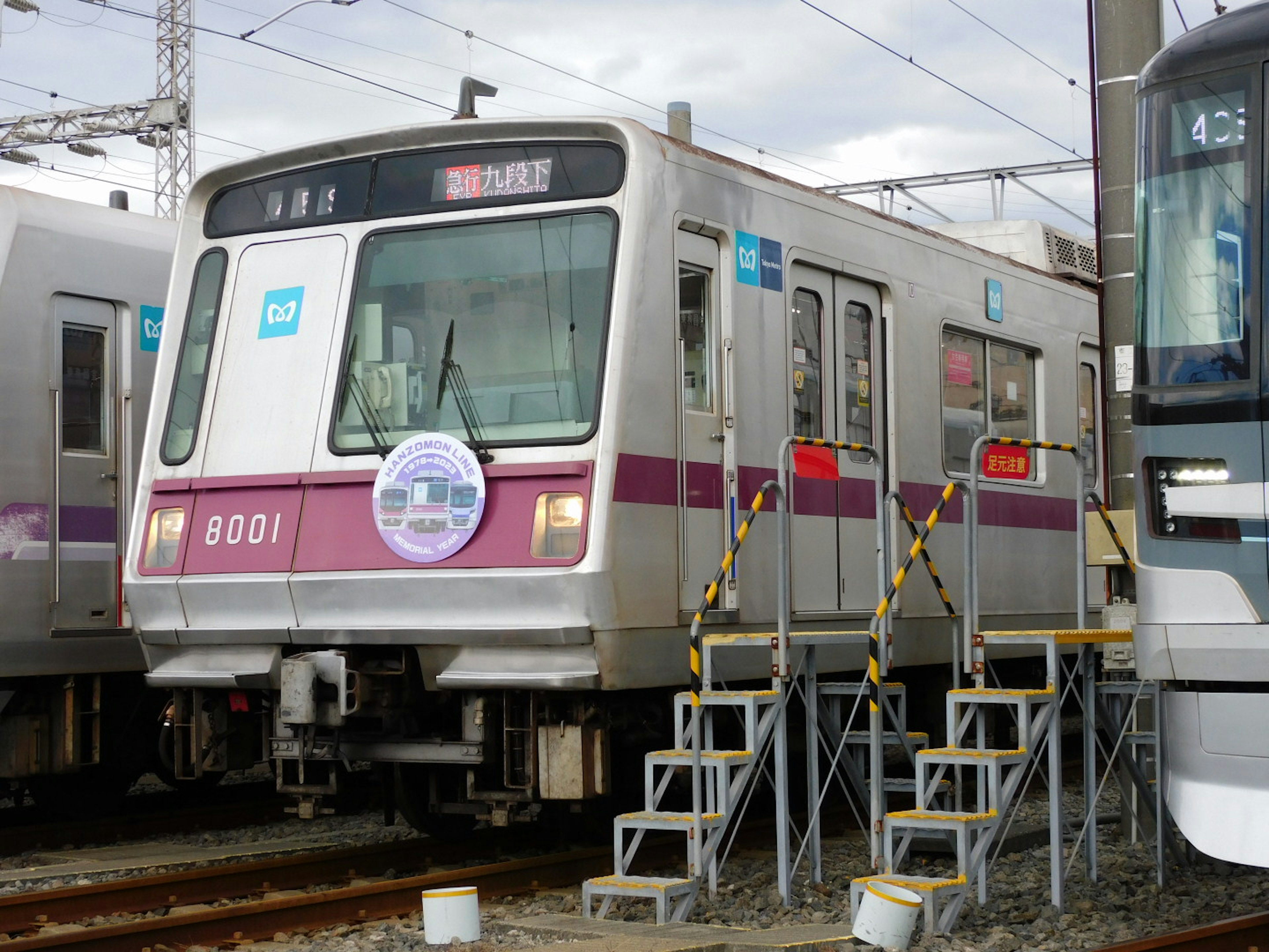 Train avec une bande violette et des escaliers d'accès