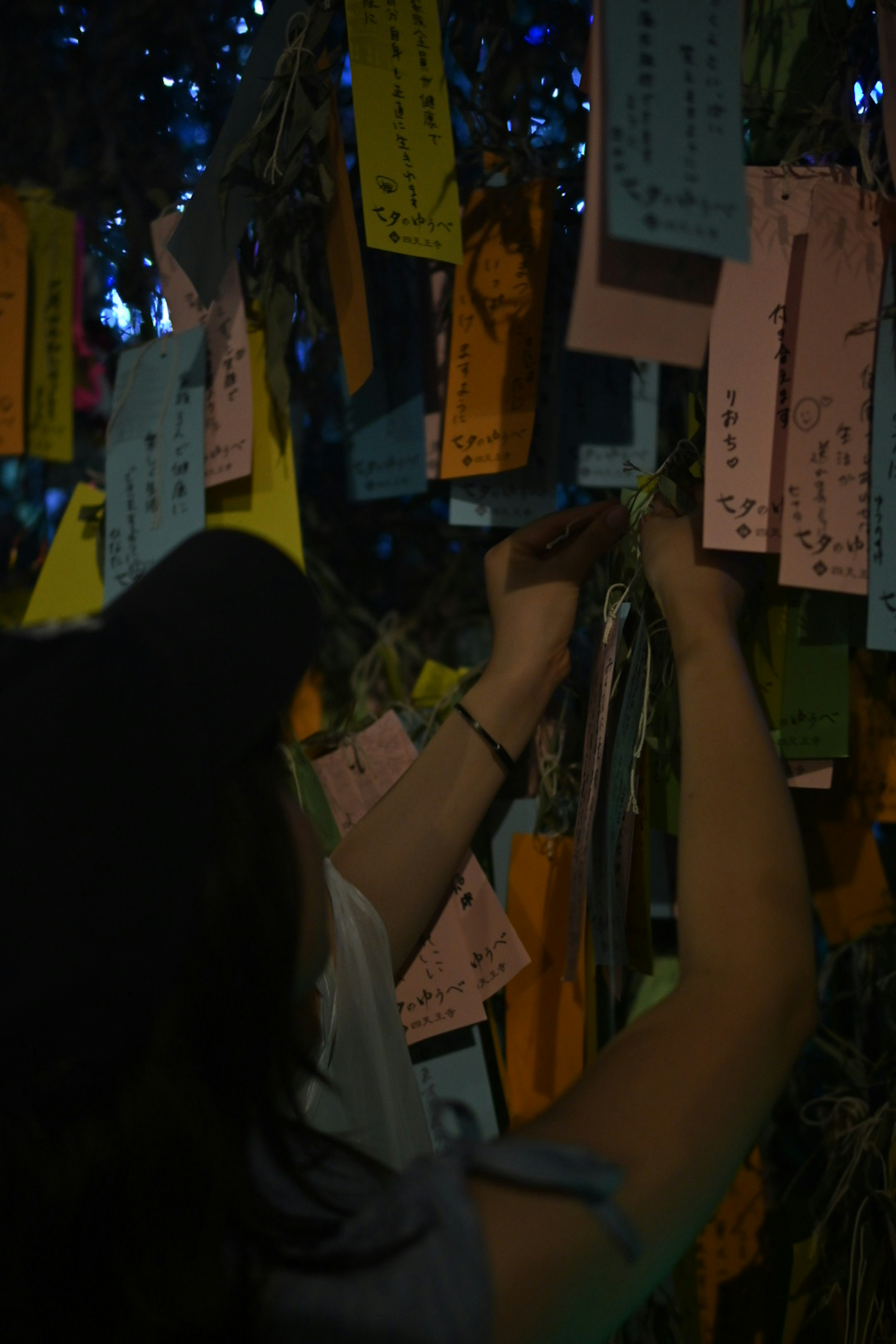 A person tying colorful wish tags to a tree