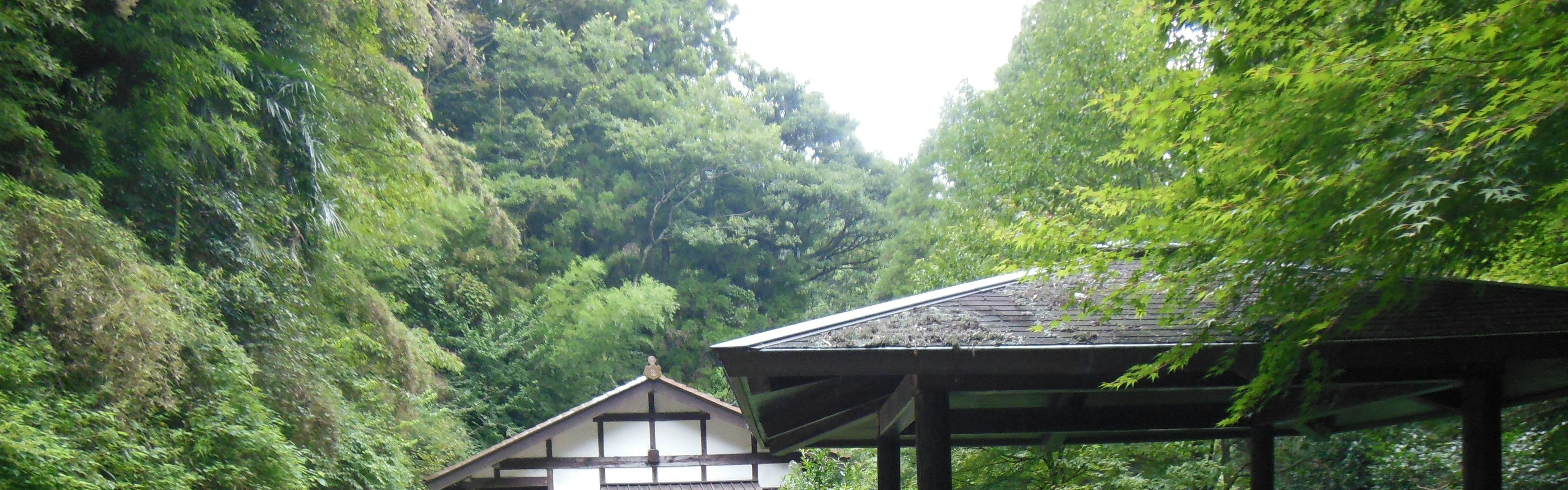 Traditional Japanese building surrounded by lush greenery and a roofed resting area