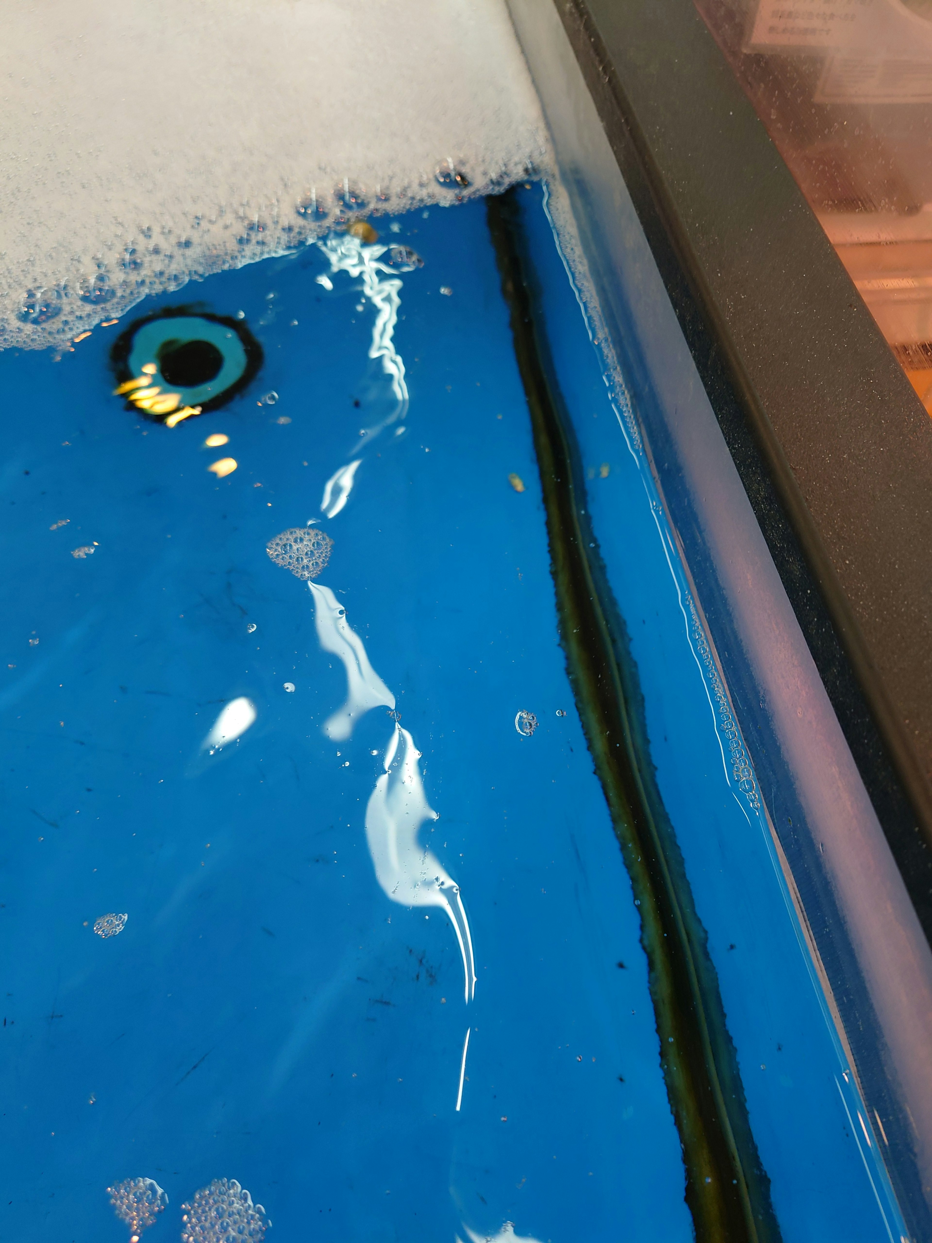 Imagen que muestra una superficie de agua azul con burbujas y una línea negra bajo el agua junto a un objeto redondo azul