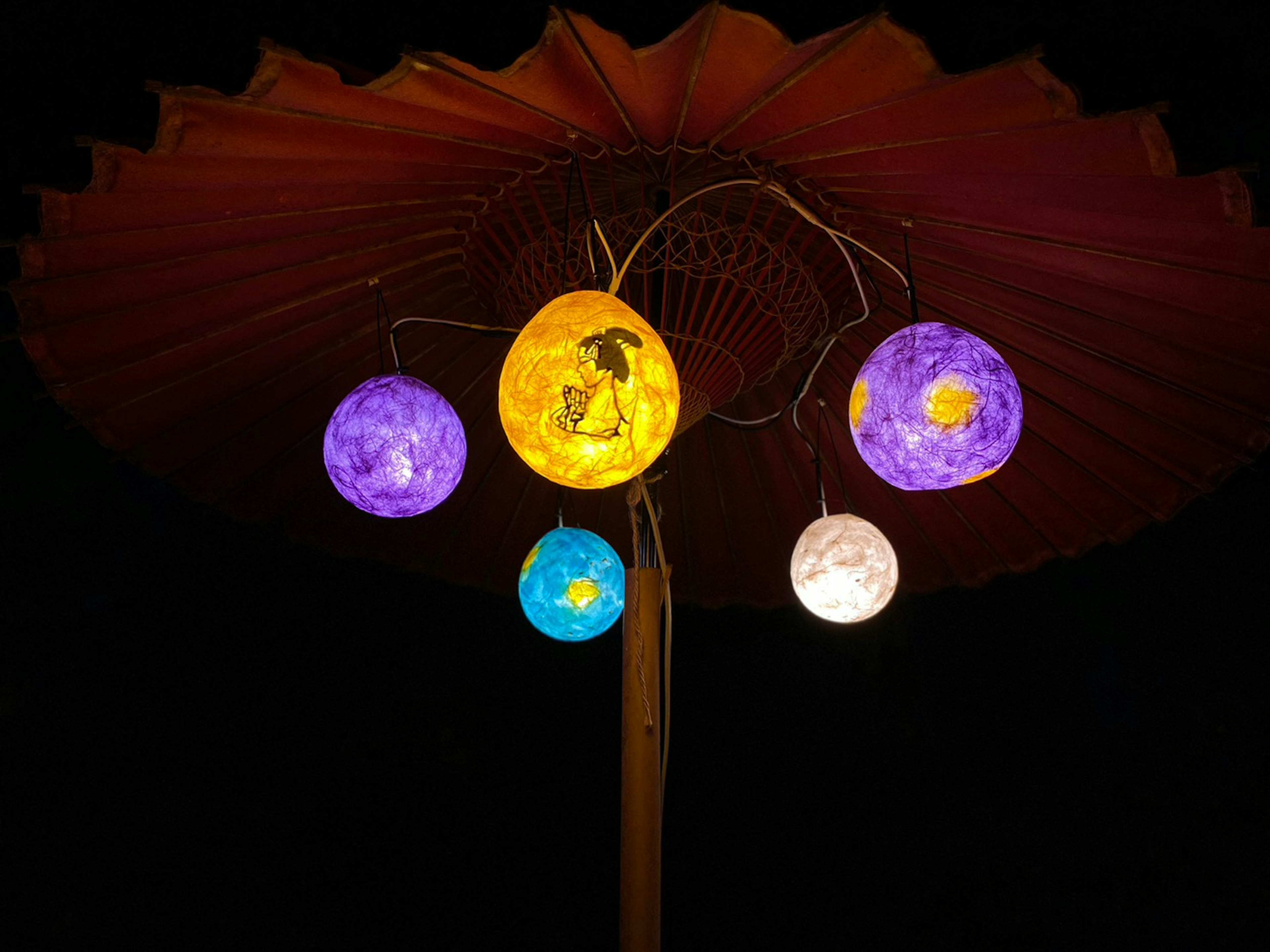 Colorful lanterns hanging under a parasol in the night sky