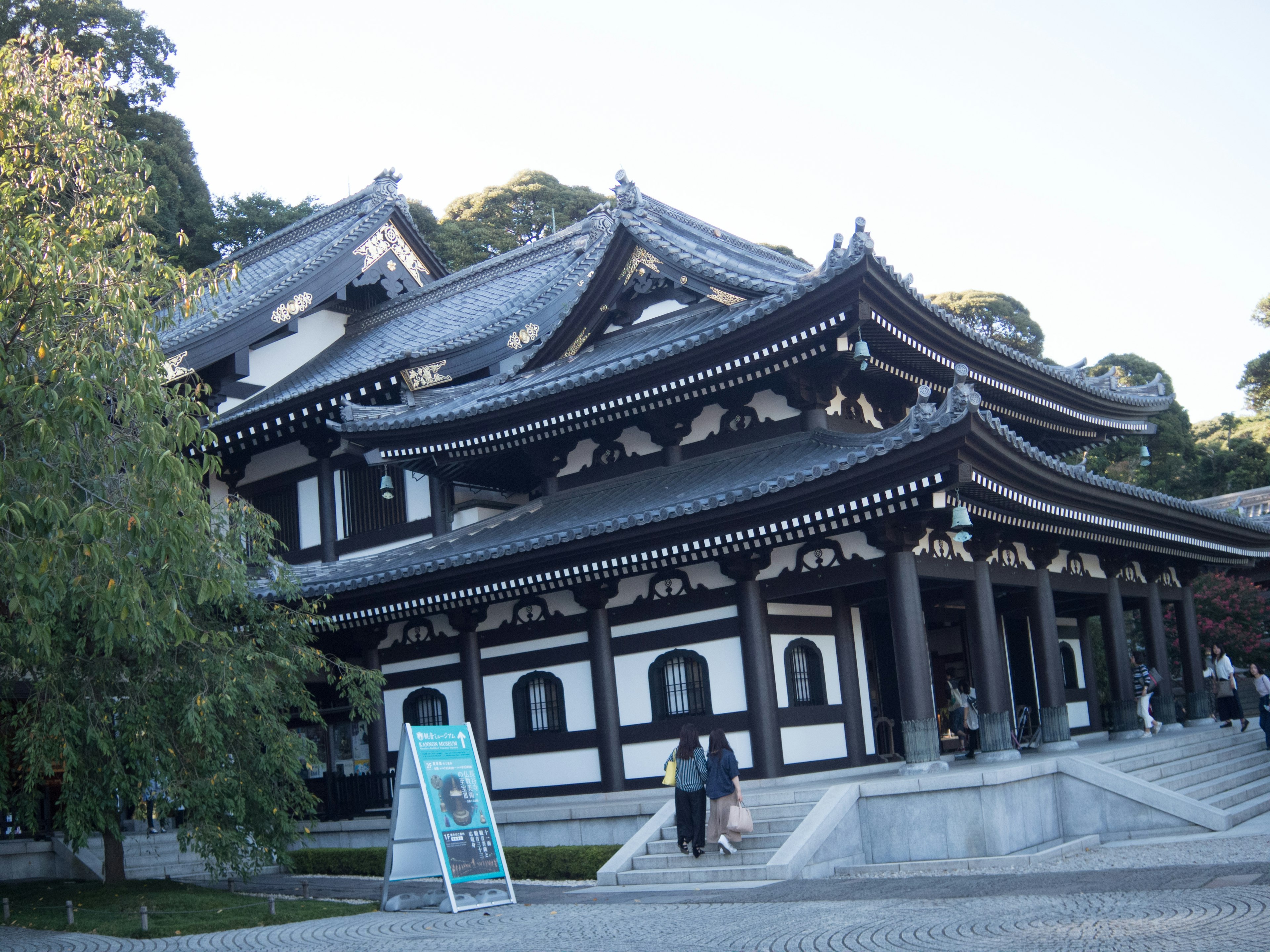 Traditional temple exterior featuring black and white architecture