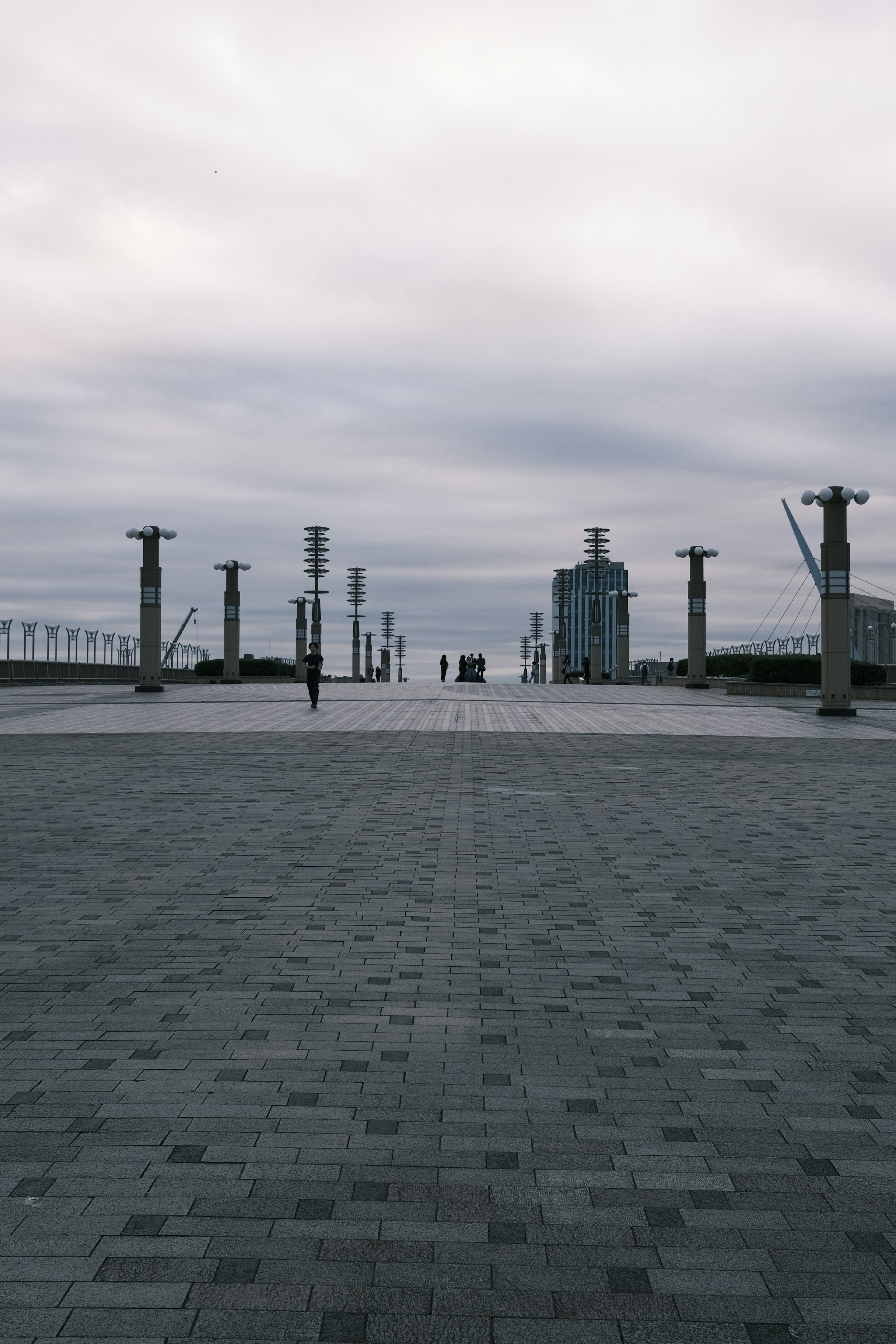 Large zone pavée avec des personnes debout et des bâtiments visibles au loin sous un ciel nuageux