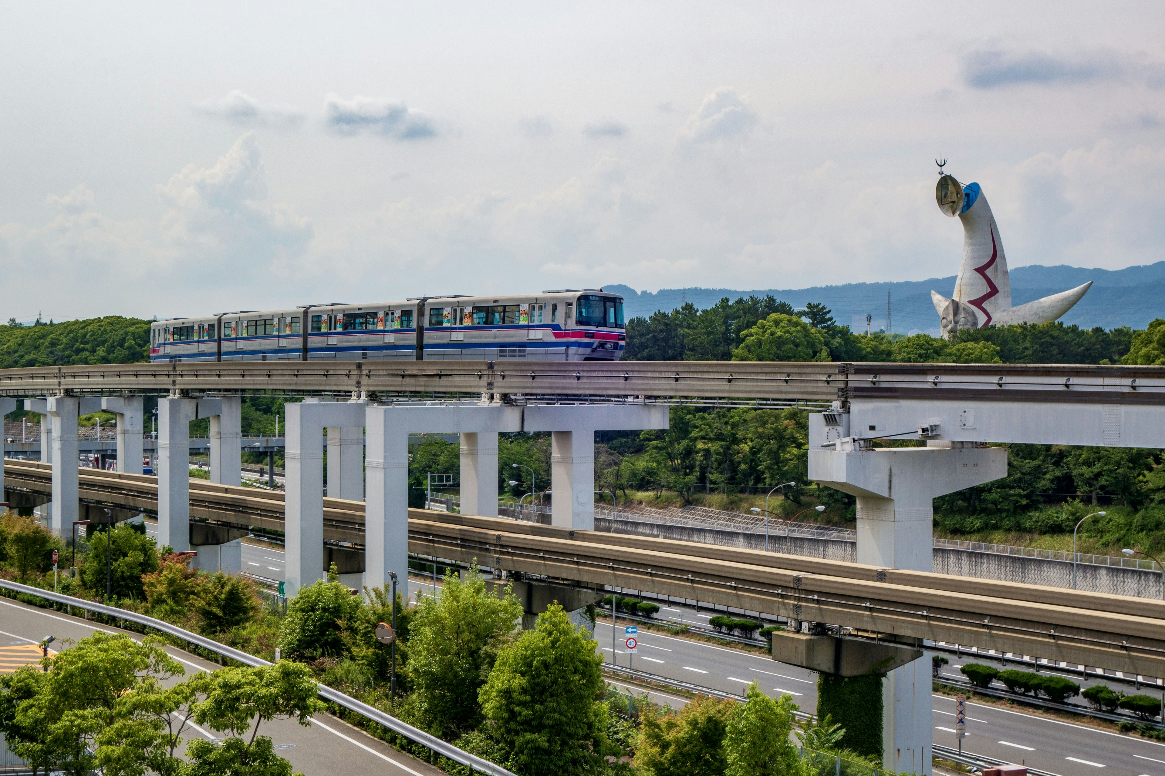 Un treno sopraelevato che attraversa un paesaggio verdeggiante