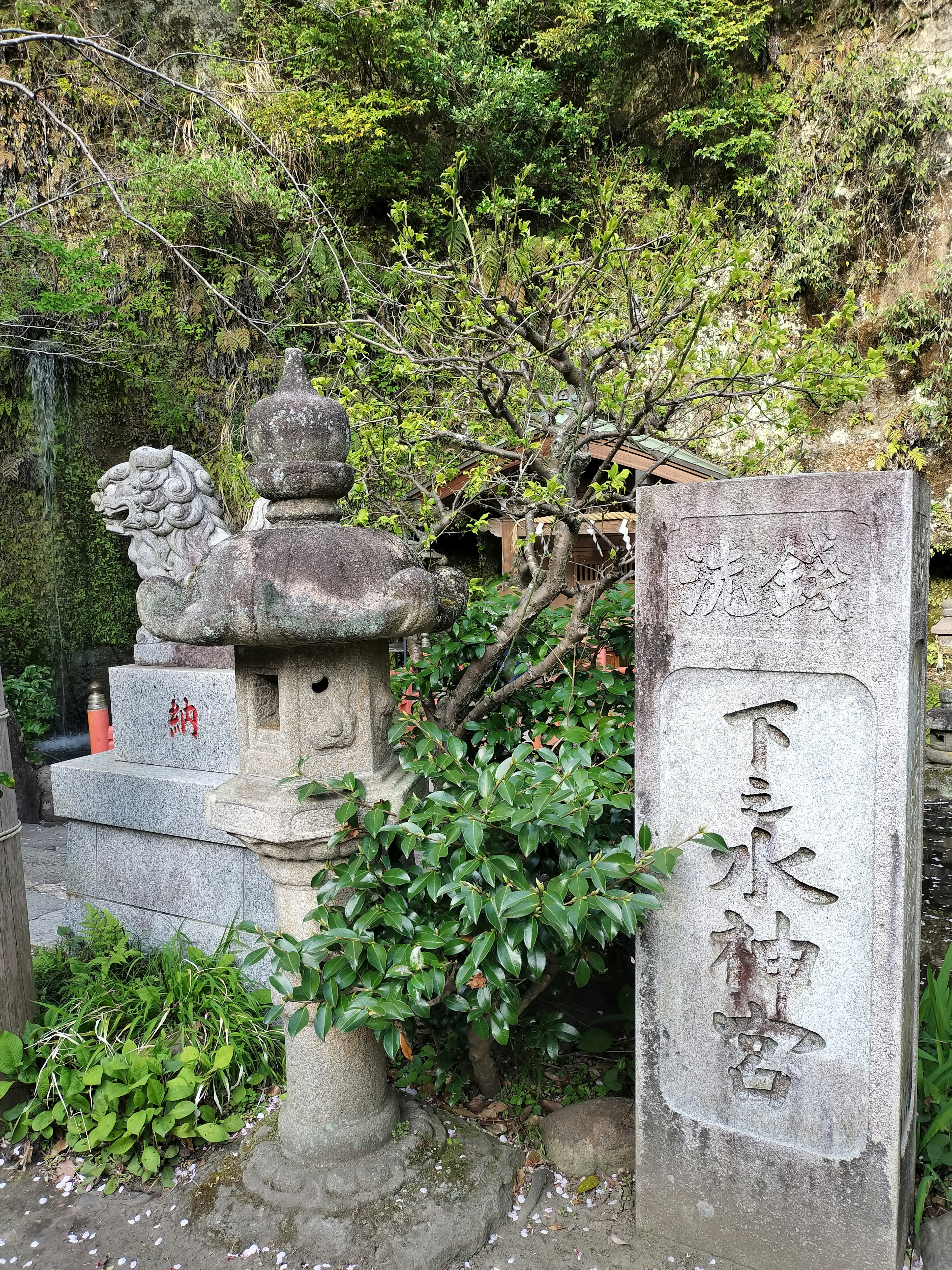 Scenic view of a shrine featuring a stone lantern and a lion-dog statue