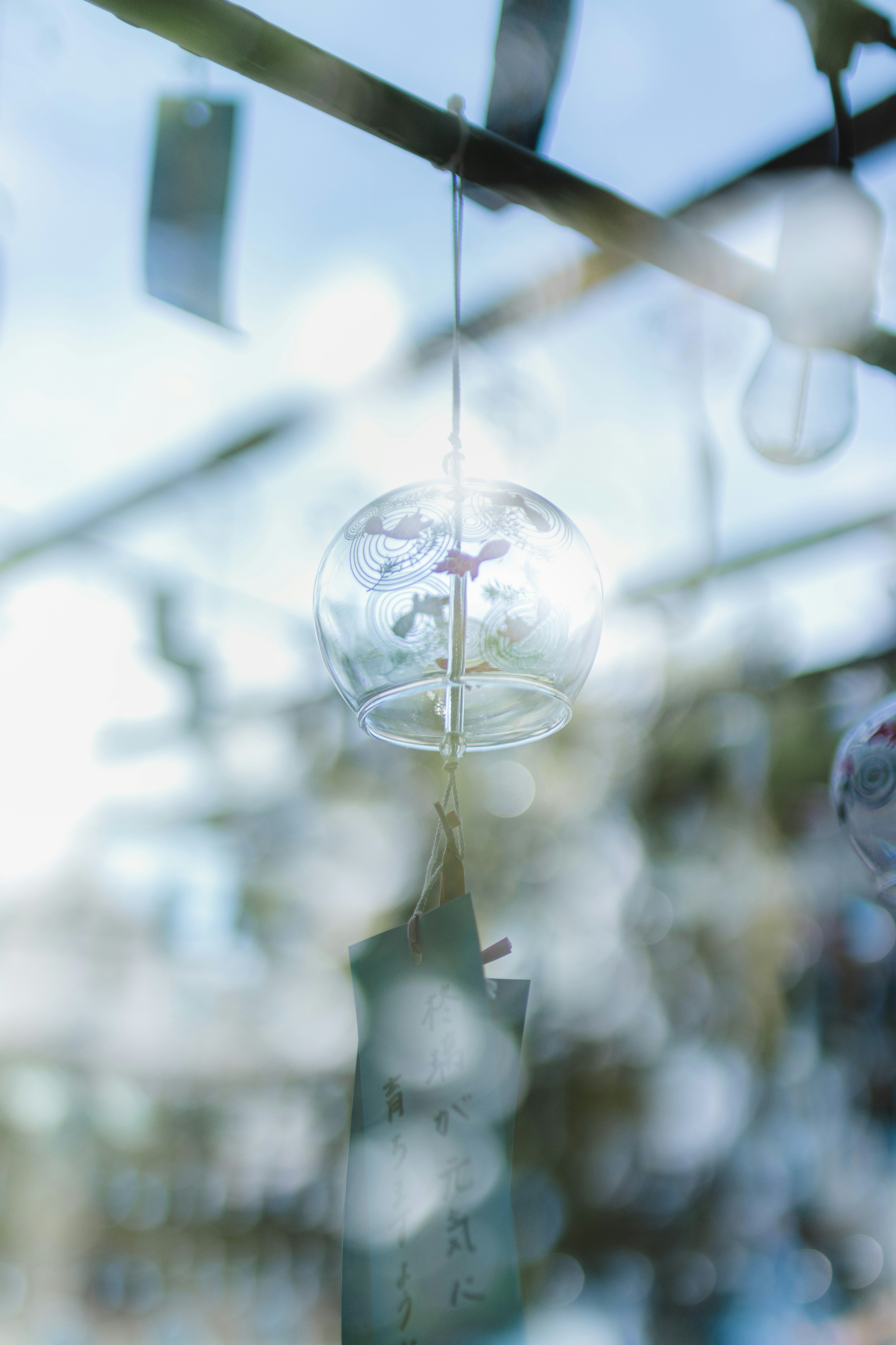 A transparent wind chime swaying under the blue sky with green leaves