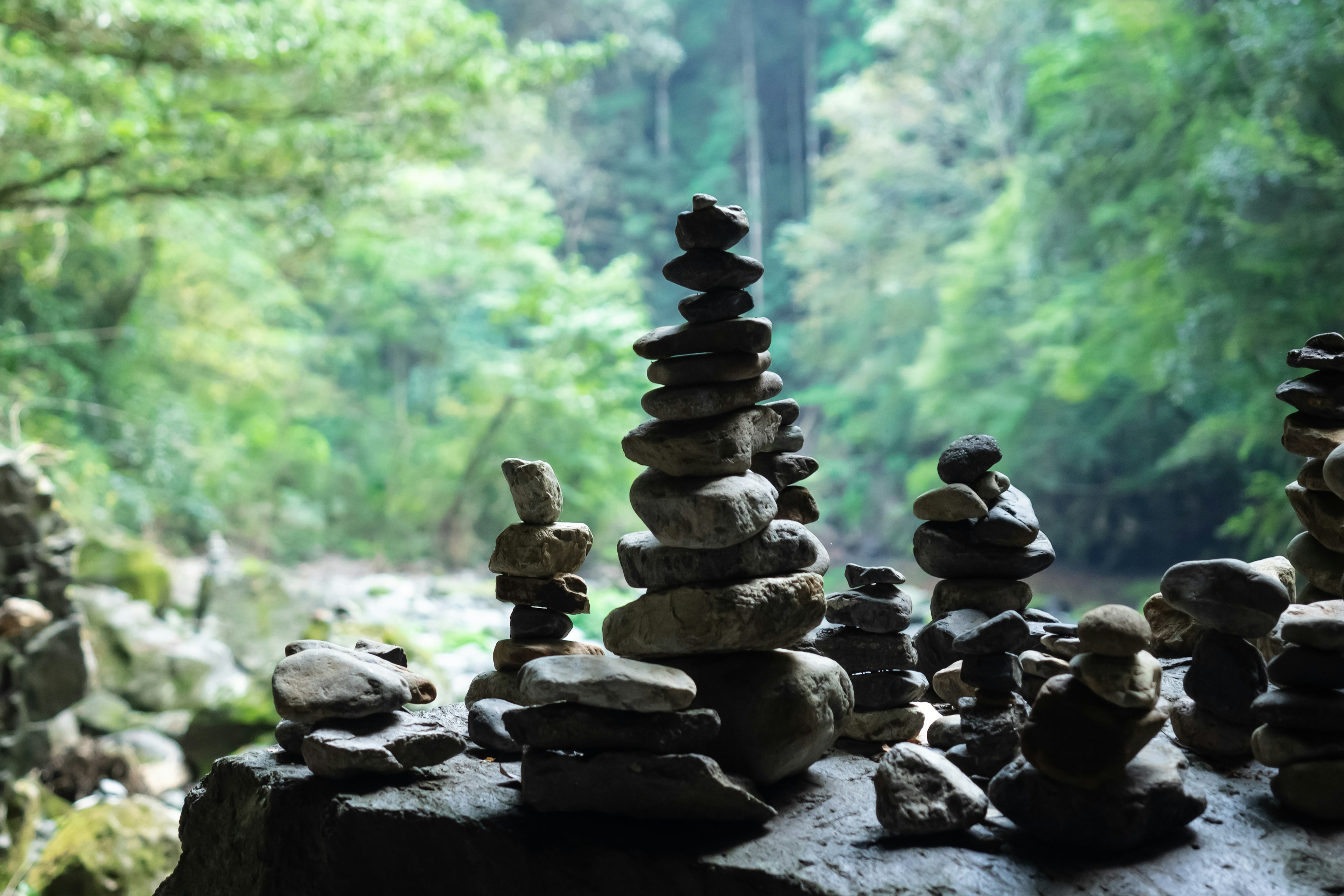 Stacked stones in a lush green forest setting