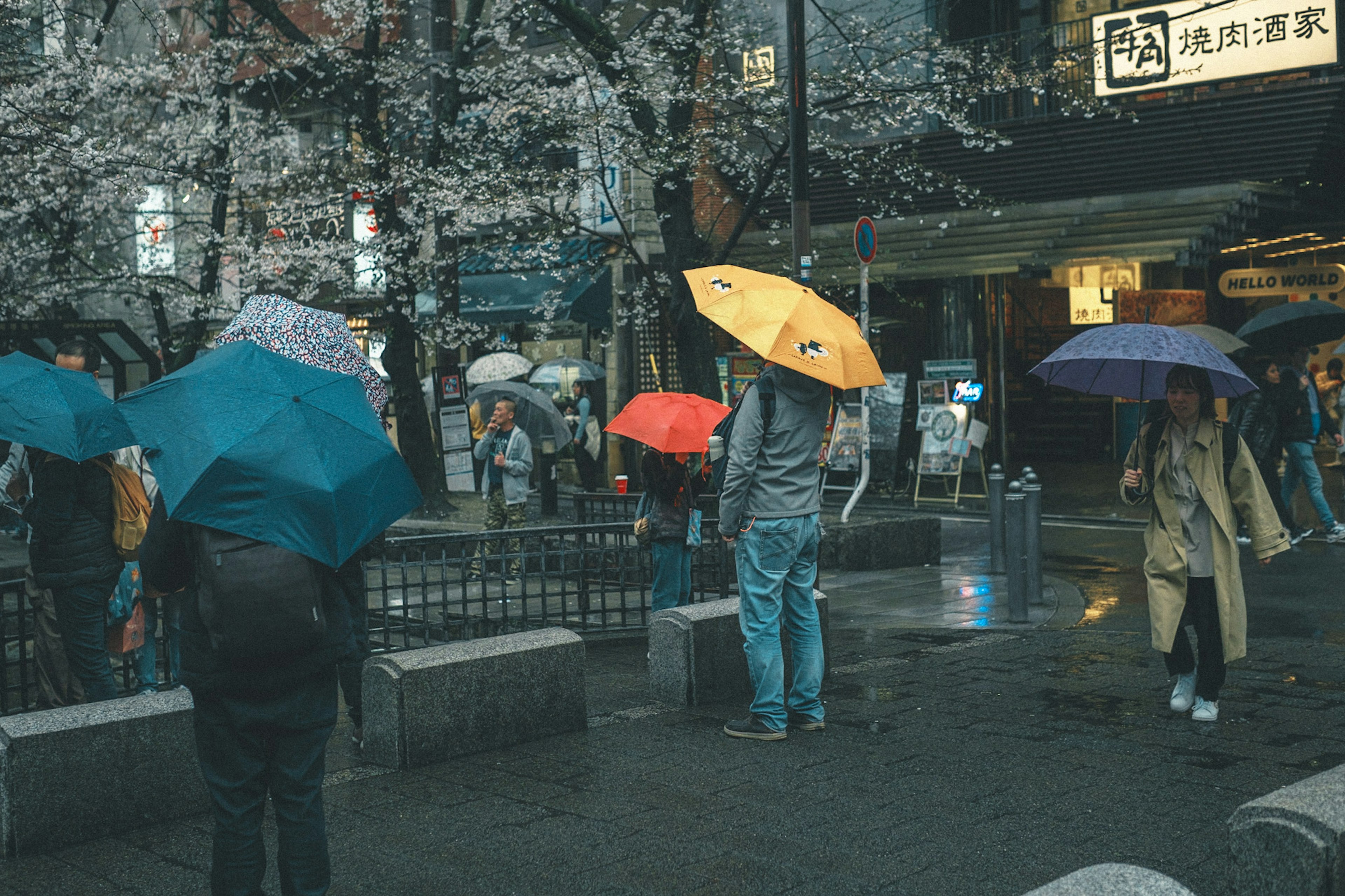 在城市景觀中，雨中撐著傘的人們