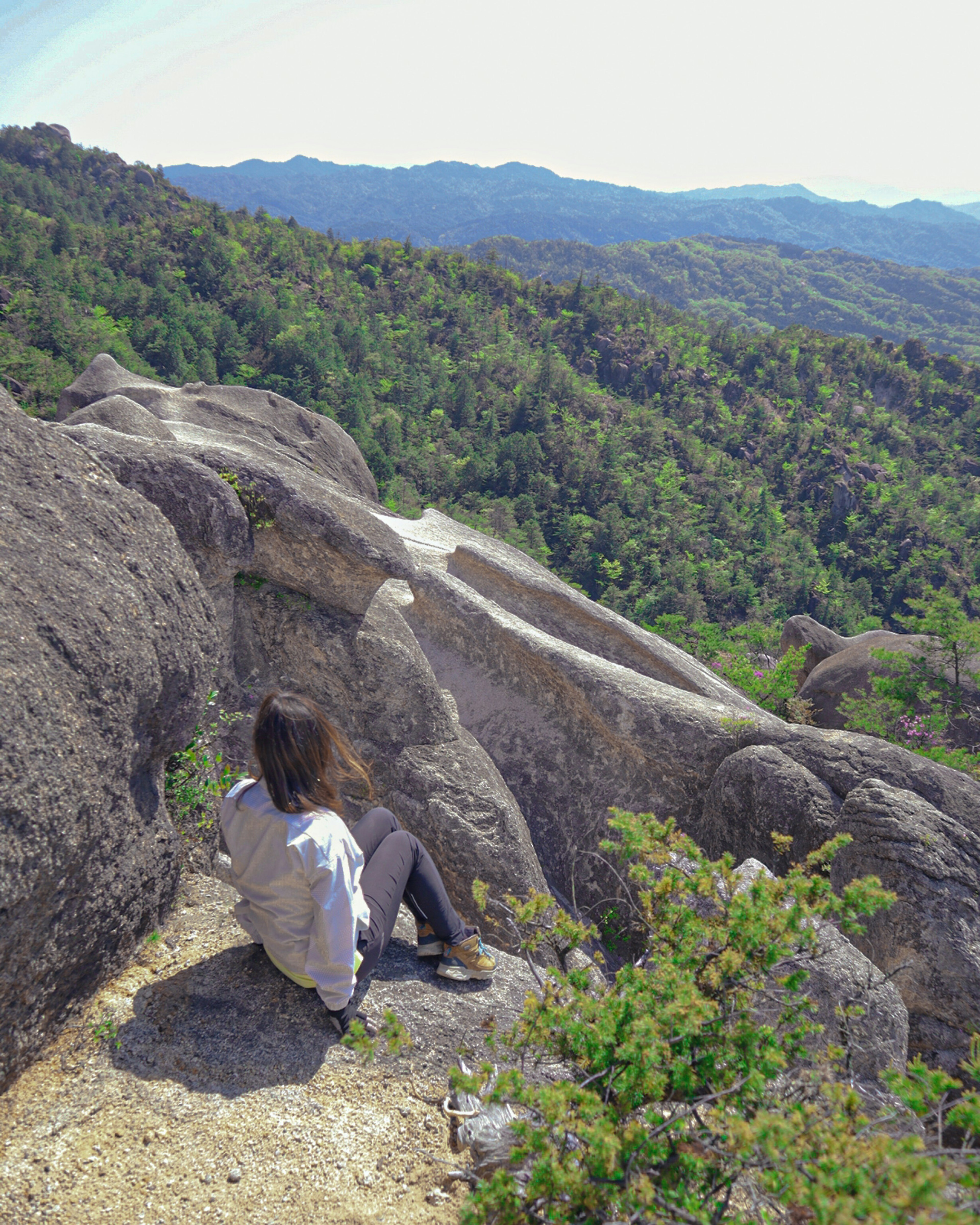 Una mujer sentada en una roca con vista a árboles verdes y montañas