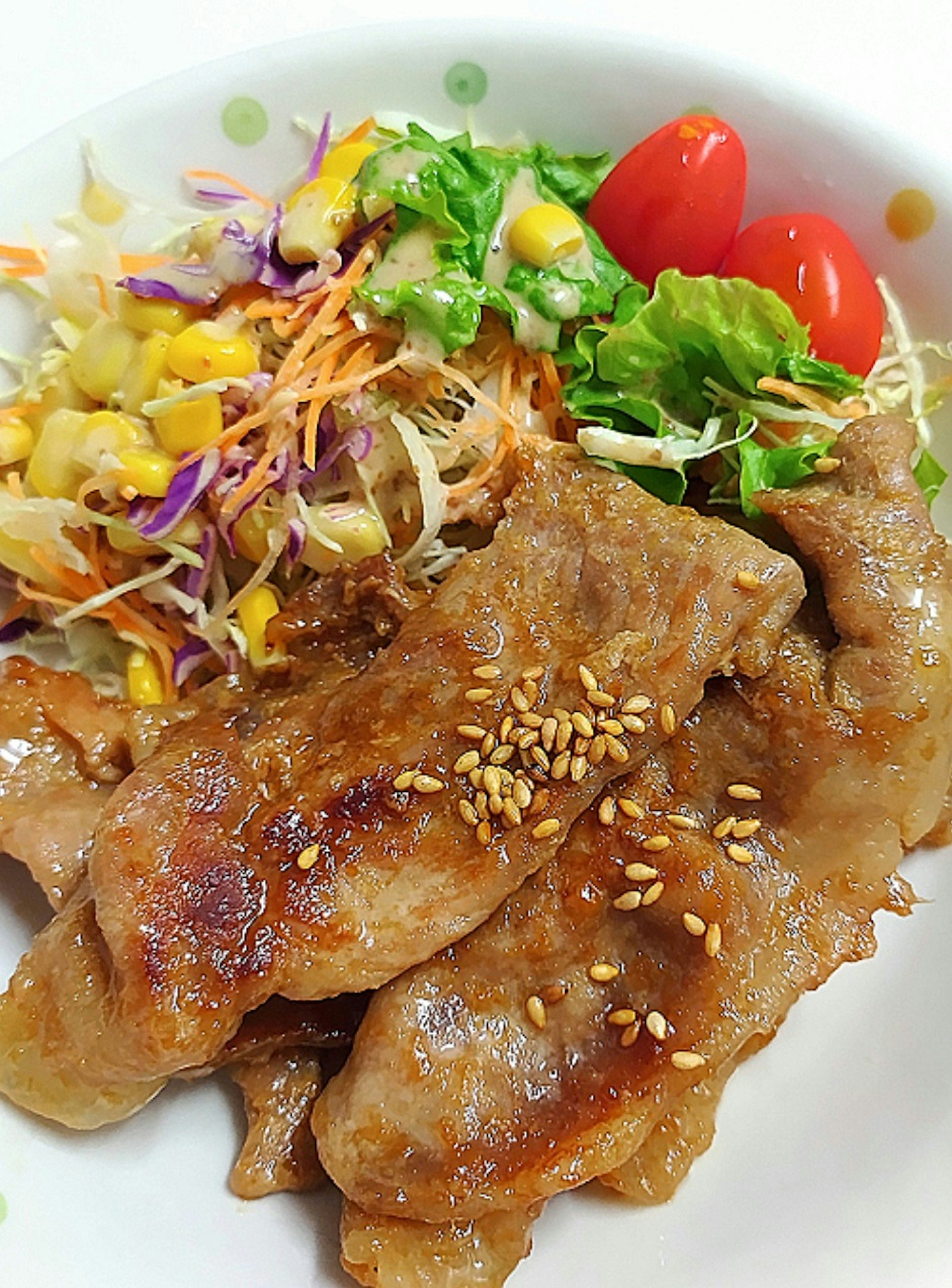 Sweet and savory meat dish served with colorful salad and cherry tomatoes