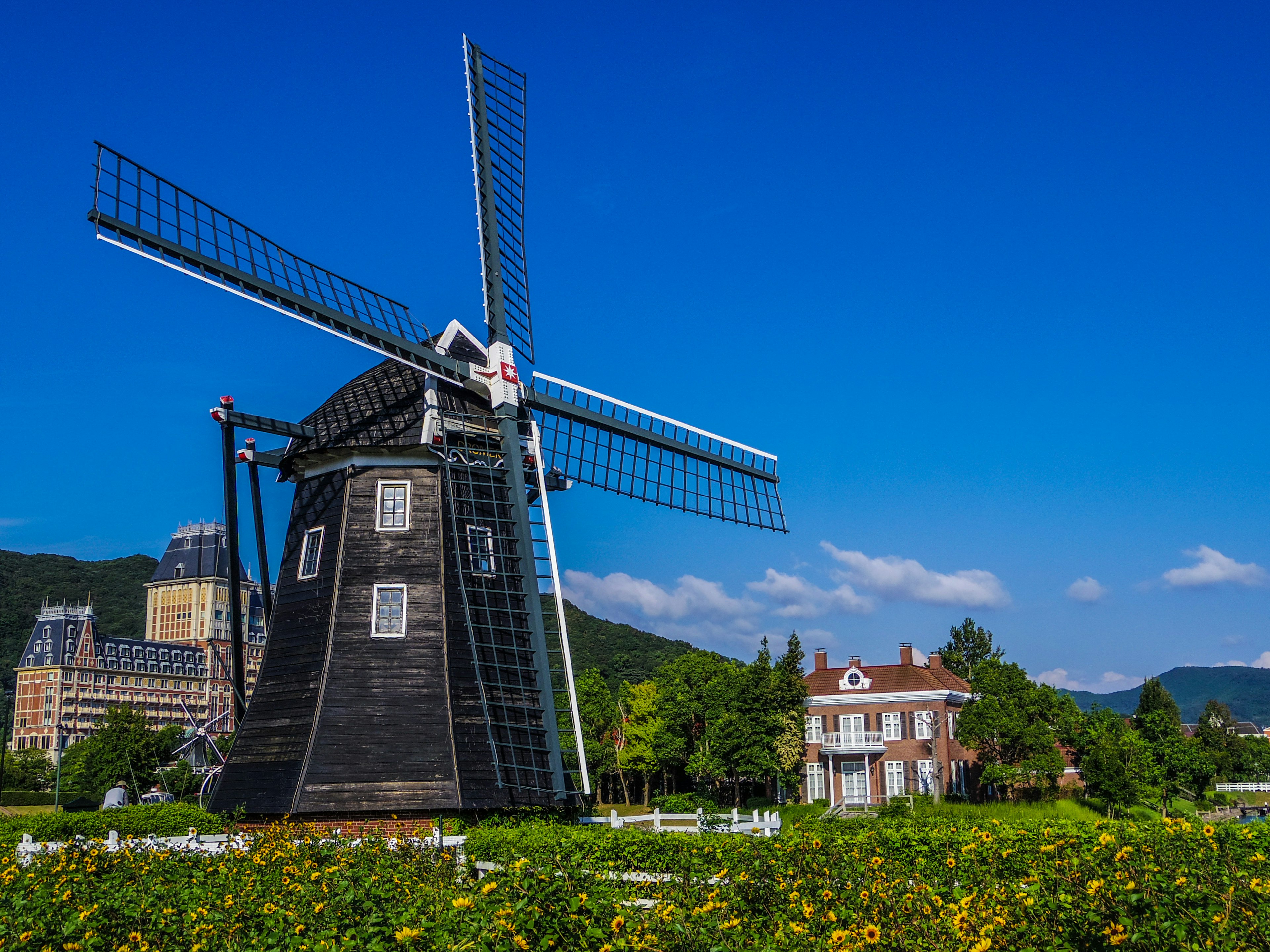 Landschaft mit einer schwarzen Windmühle und einem charmanten Haus unter einem blauen Himmel