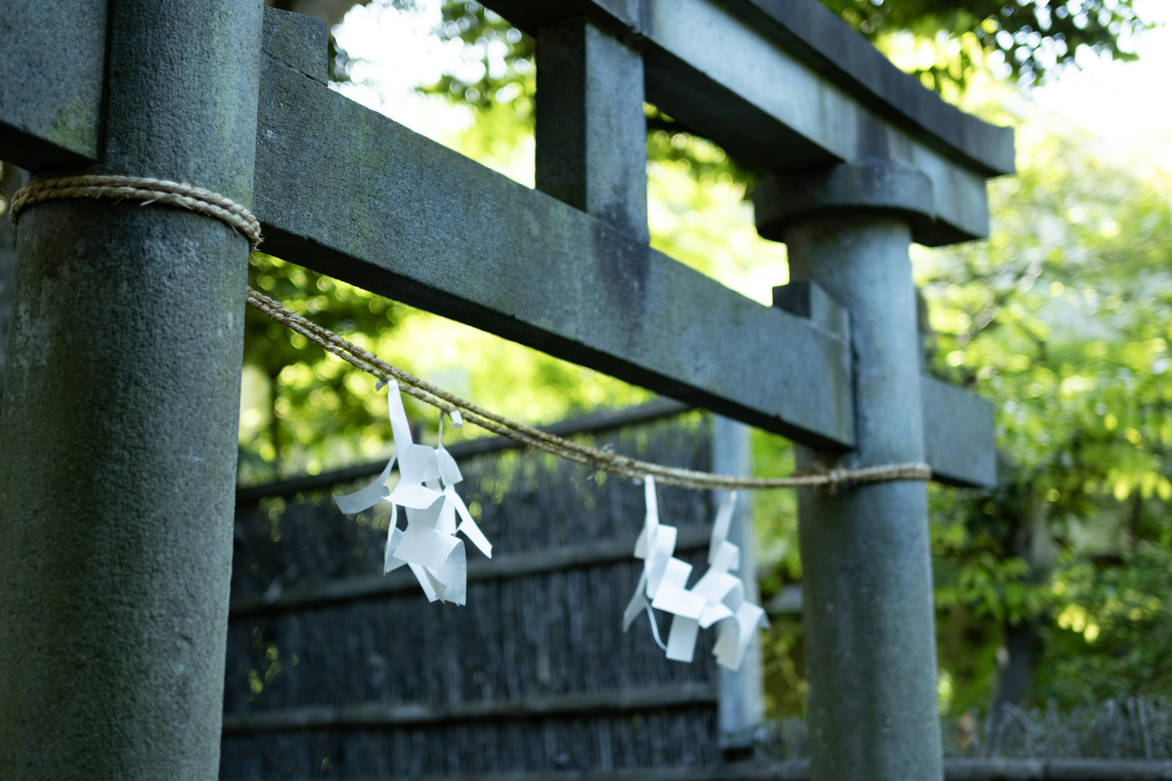 Weiße Origami-Kraniche hängen in der Nähe eines Torii-Tores vor grünem Hintergrund