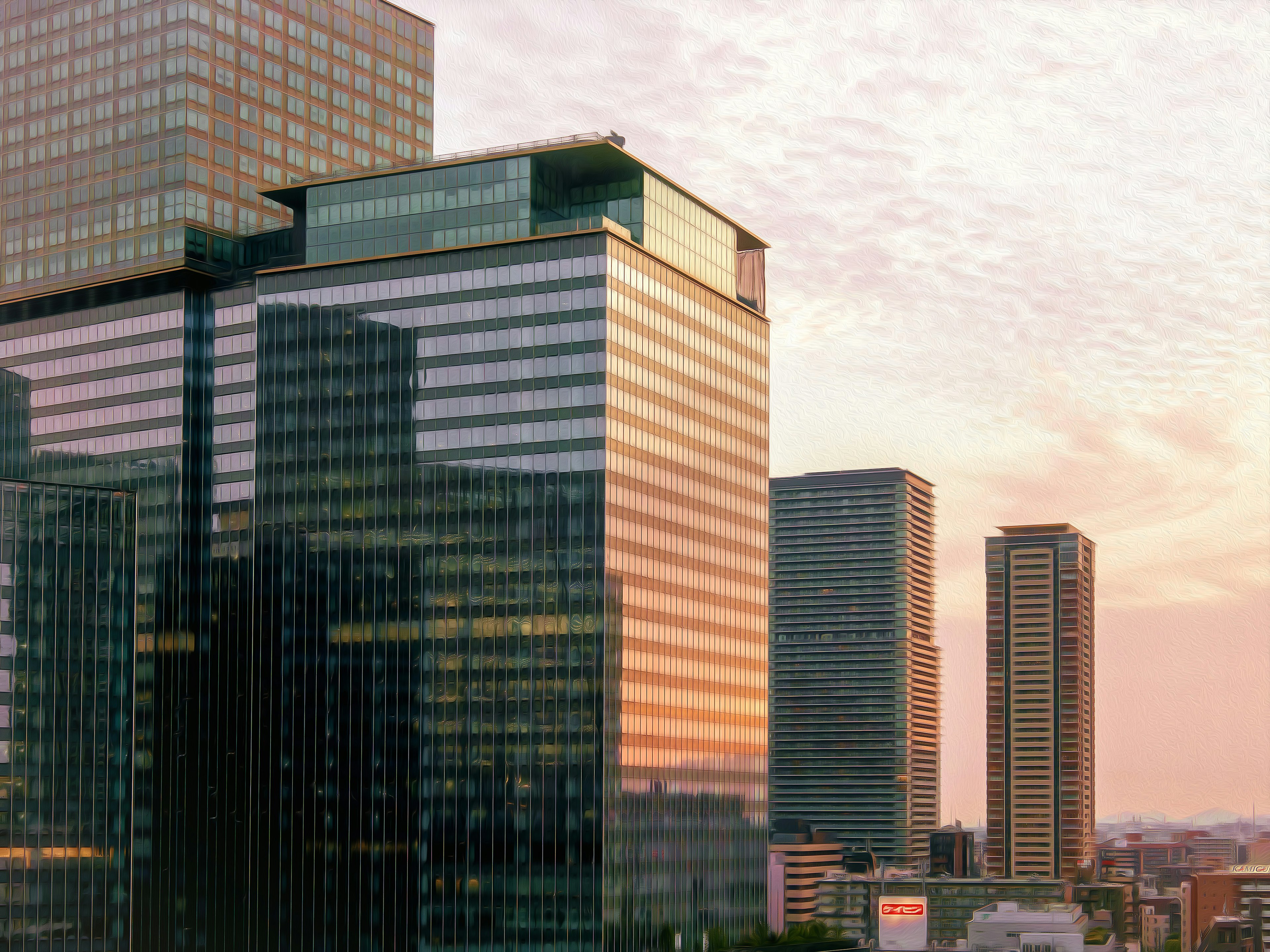 Paysage urbain avec des gratte-ciels au crépuscule présentant divers designs architecturaux