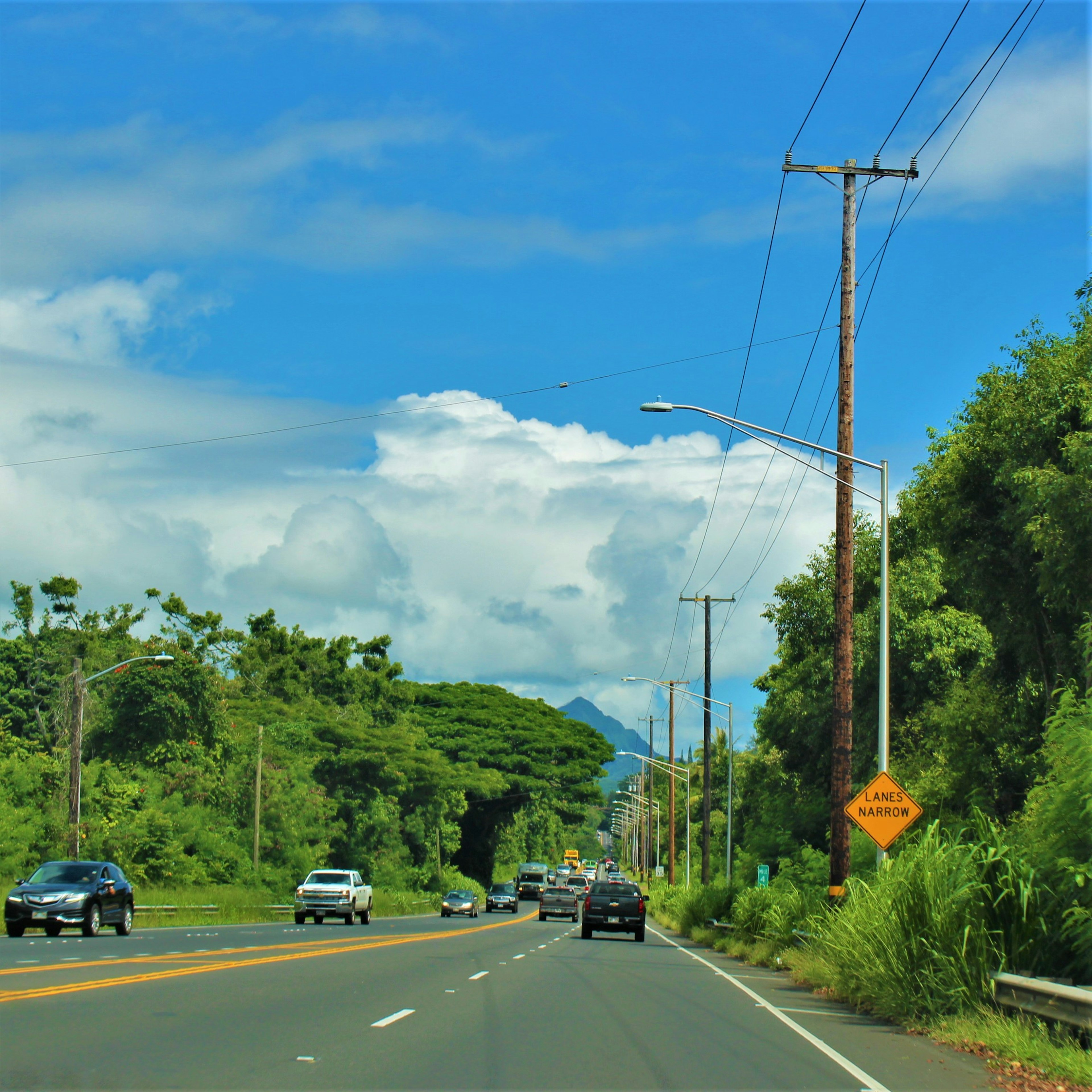 Road scene under blue sky with white clouds Green trees and utility poles lining the road