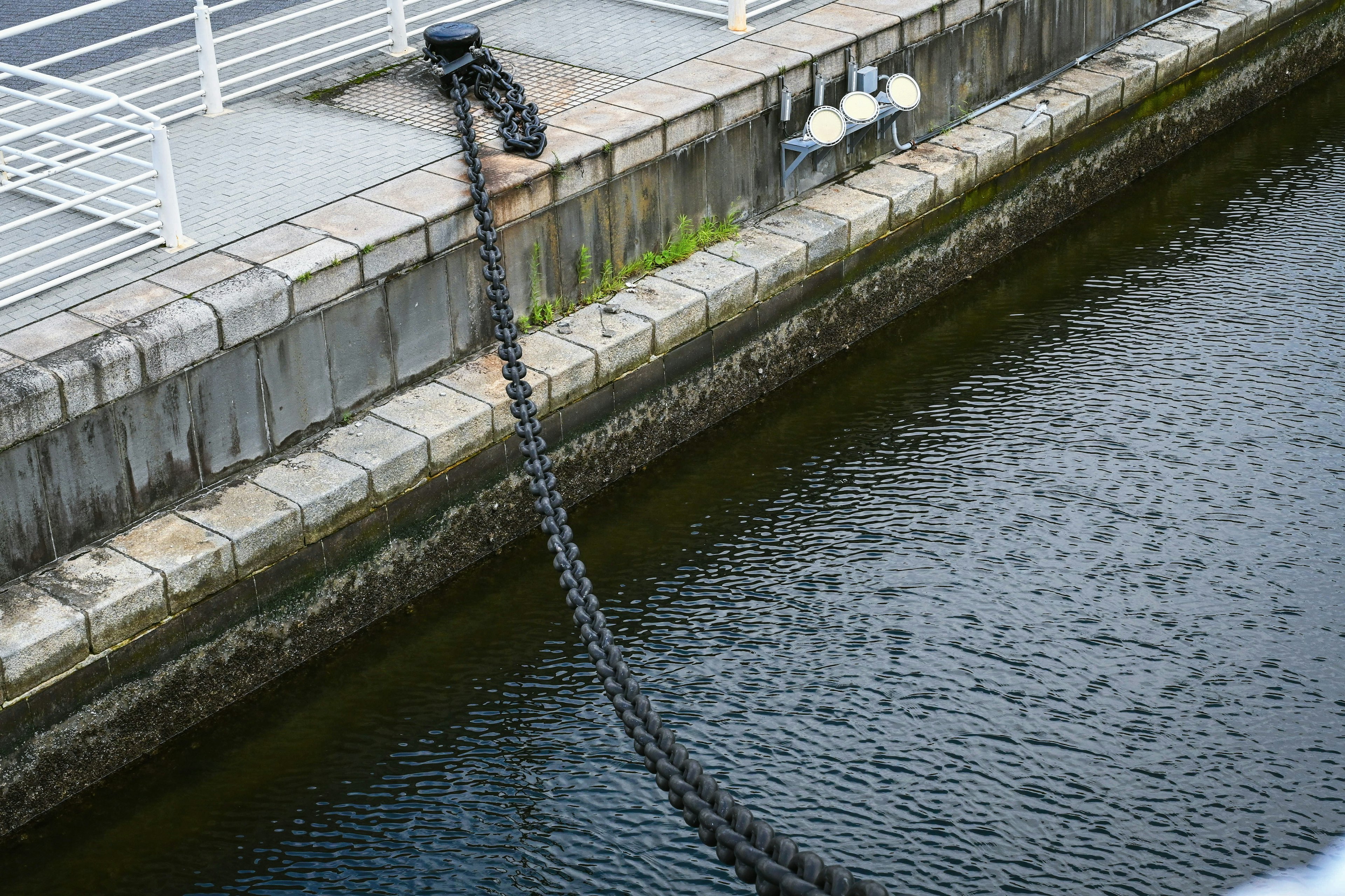 Black chain extending along the water surface in a harbor scene