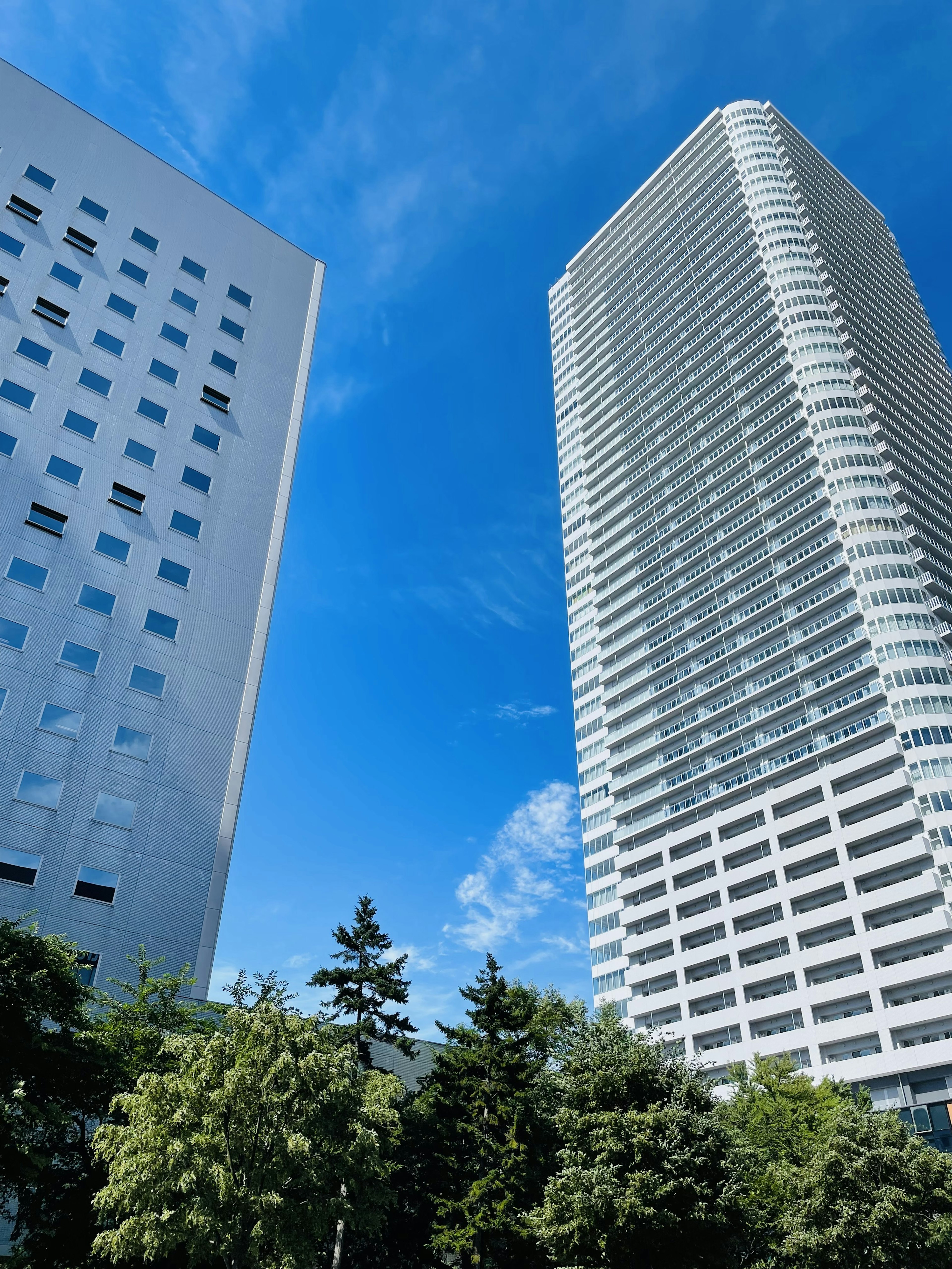 Garis langit dengan dua gedung pencakar langit modern di bawah langit biru cerah dengan pohon hijau di latar depan