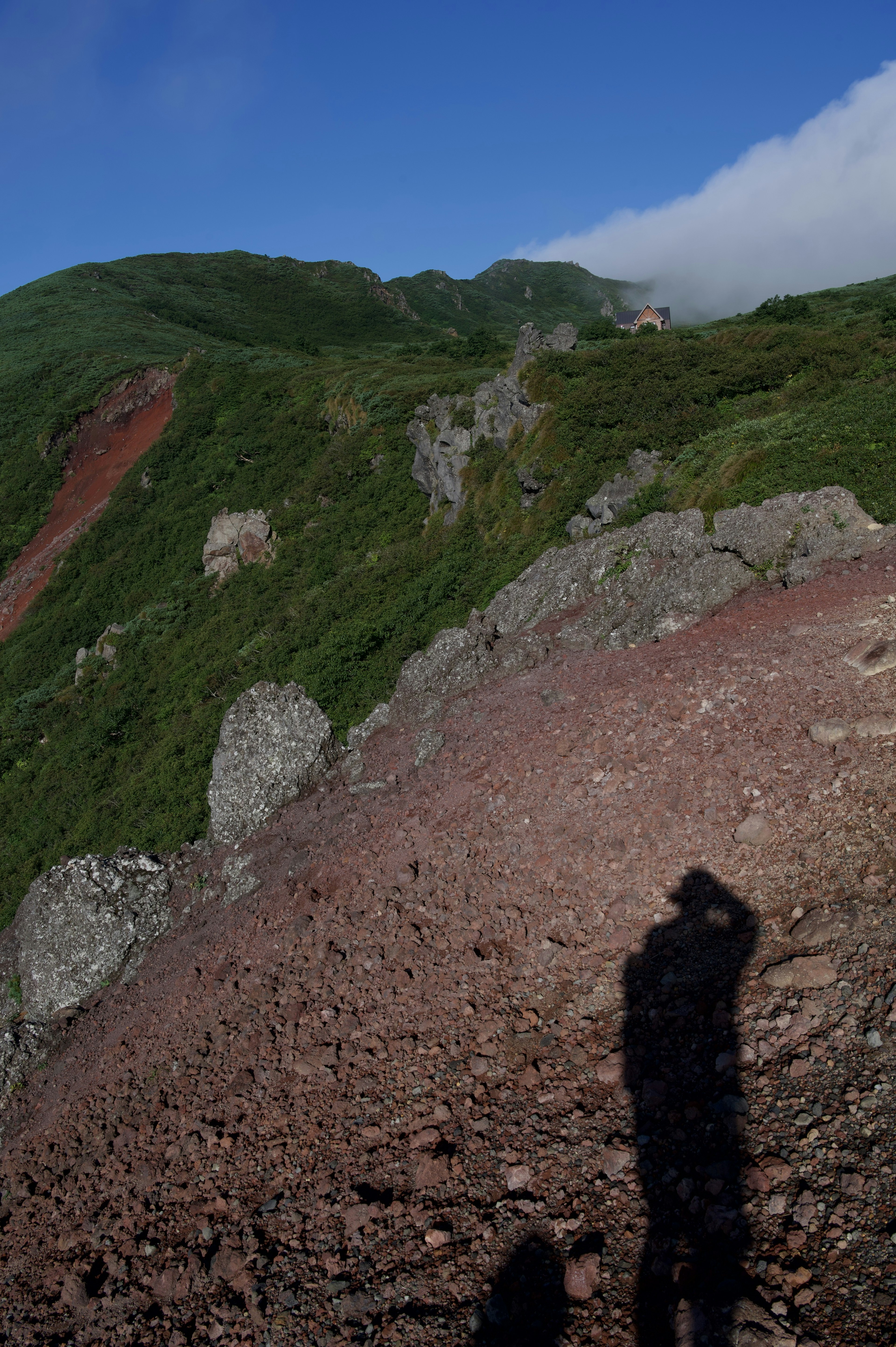 山の斜面に立つ人の影と緑の風景