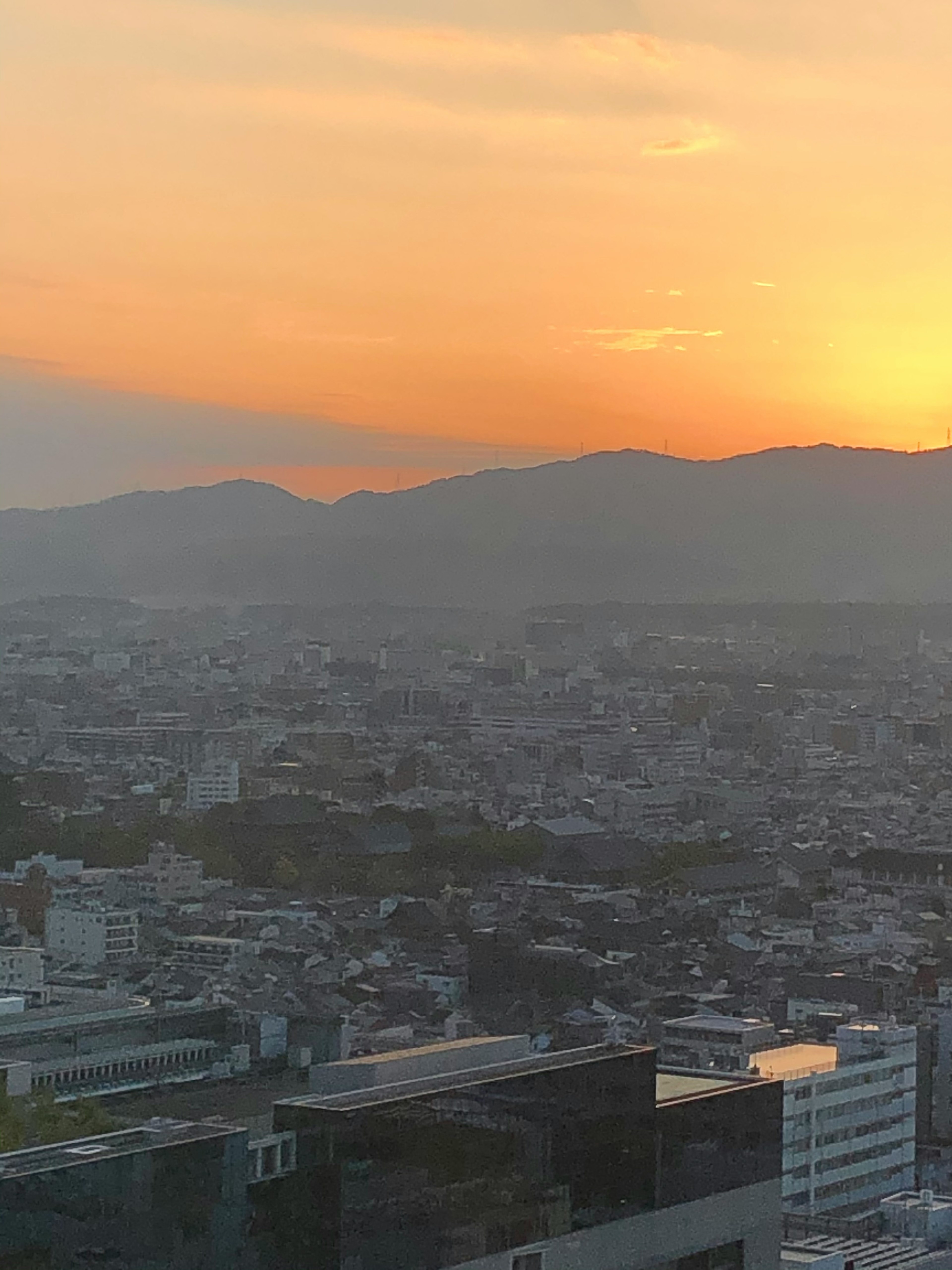 夕焼けの景色と都市のパノラマが広がる