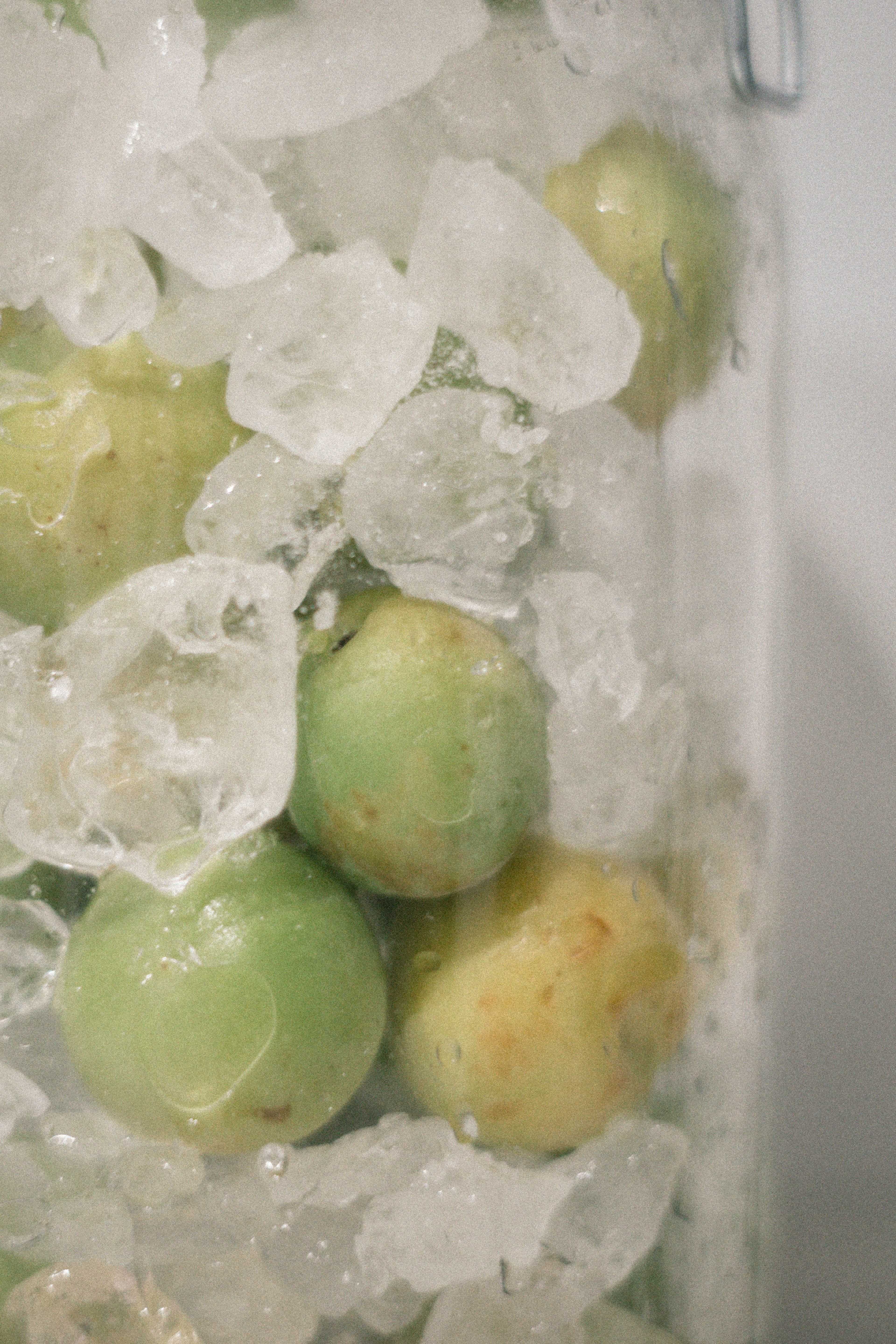 Primer plano de ciruelas verdes en hielo