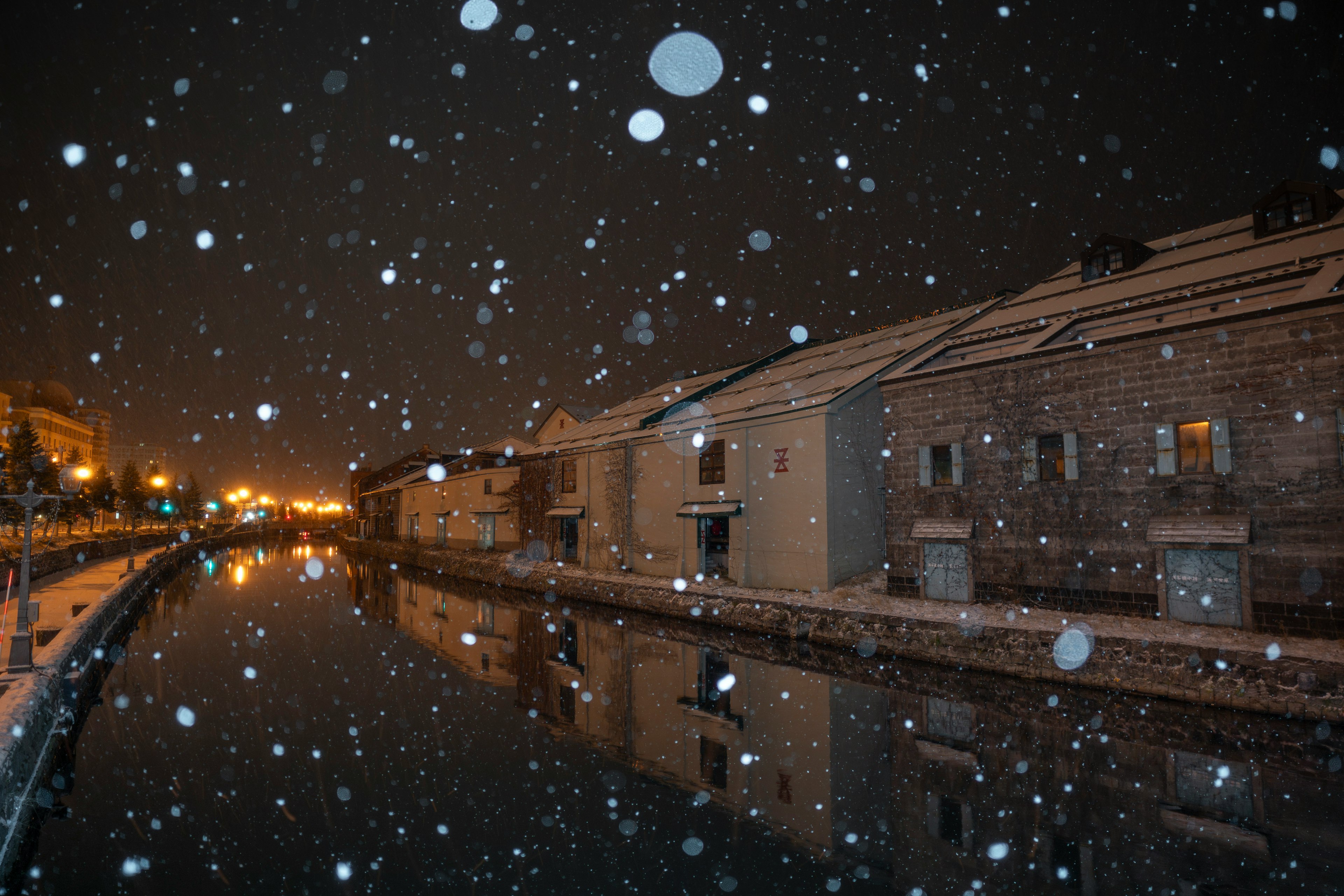 夜间运河场景雪花飘落老建筑在水中倒影雪花在空中