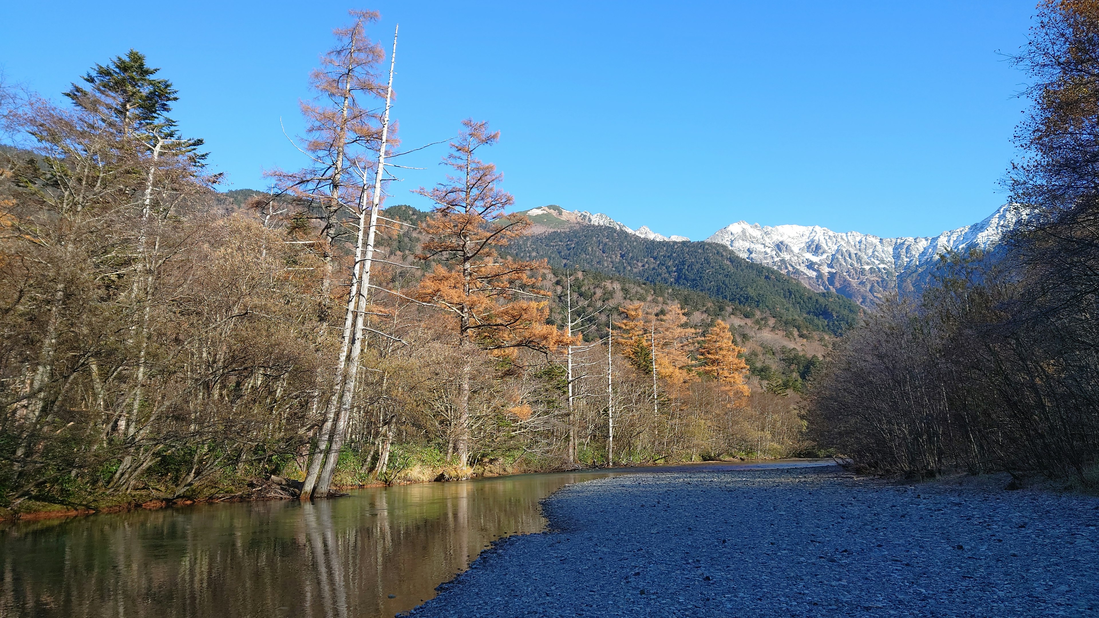 Pemandangan sungai yang tenang dengan latar belakang gunung bersalju dan langit biru jernih