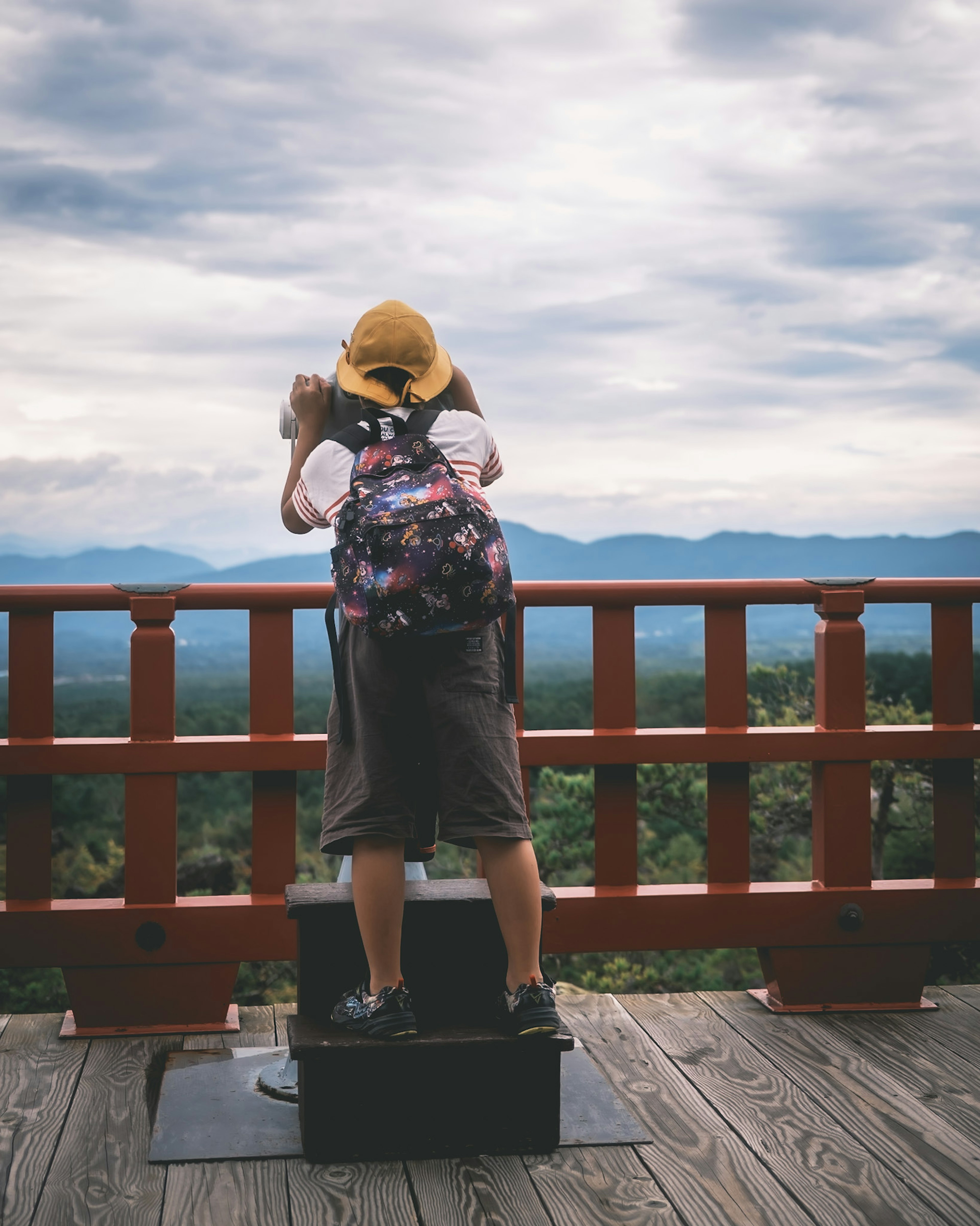 Persona che guarda un panorama montano con un cappello giallo e uno zaino floreale cielo nuvoloso sullo sfondo