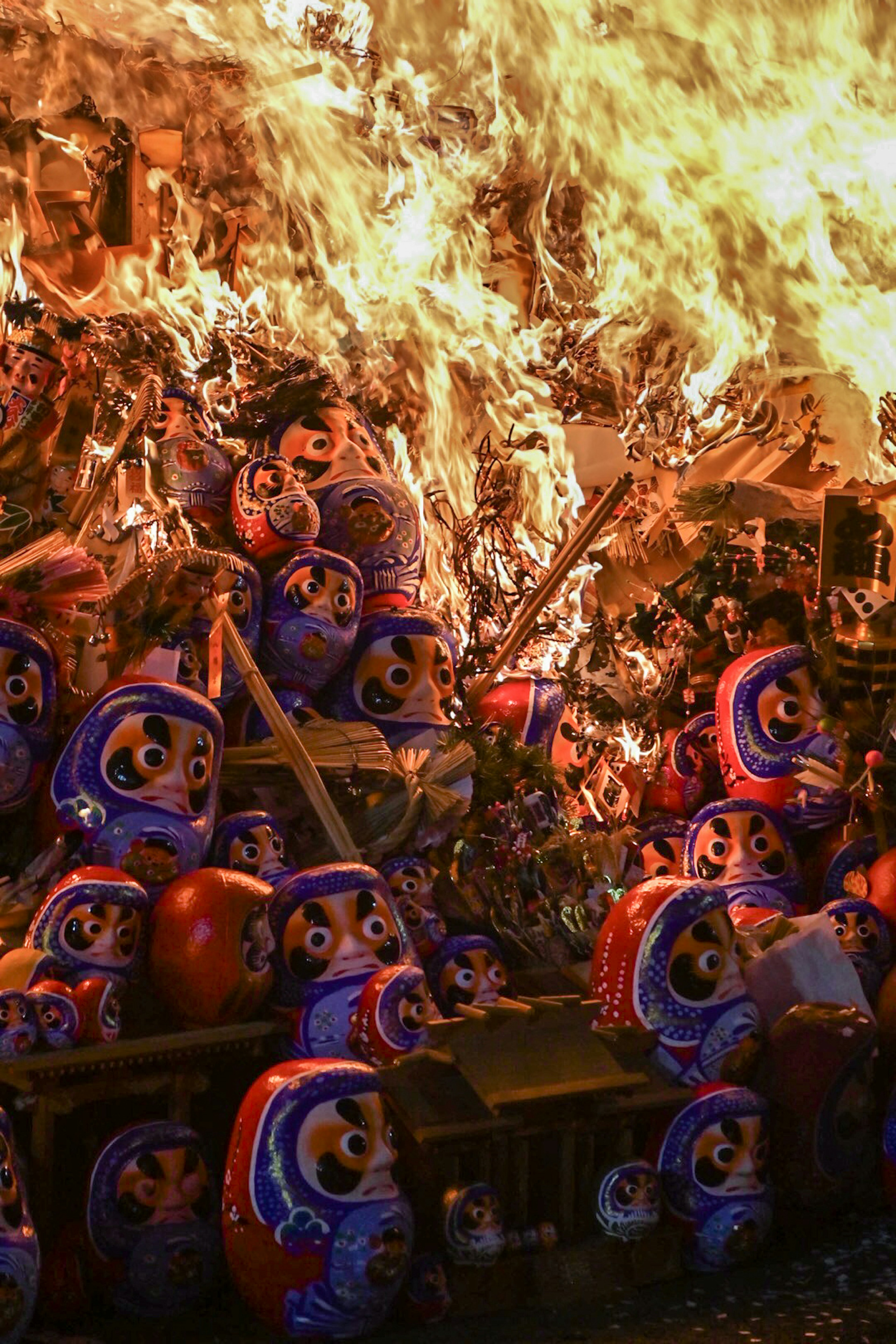 A pile of Matryoshka dolls engulfed in flames