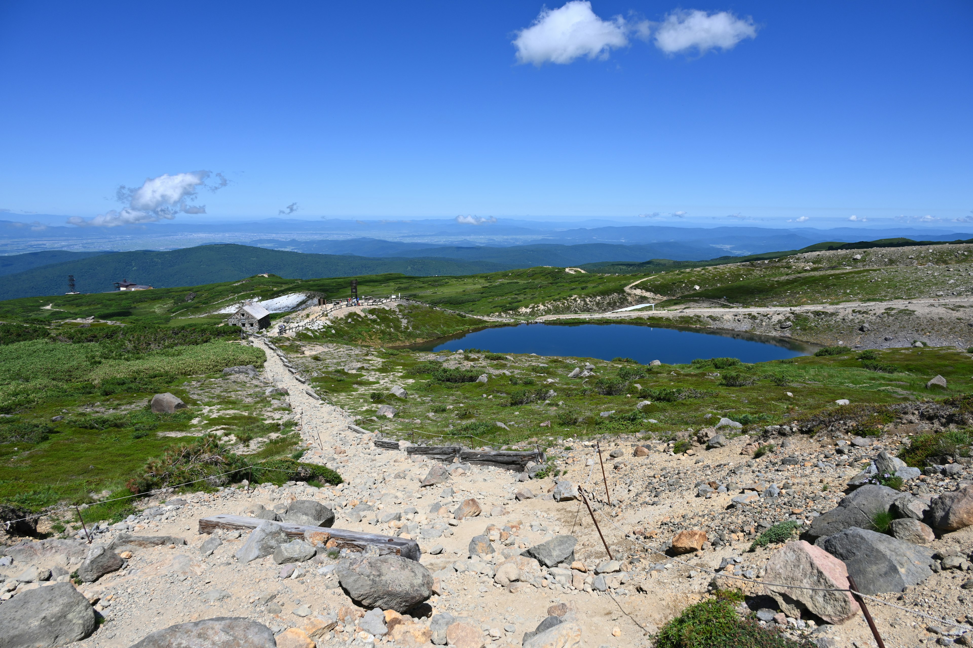 青空の下の広大な風景 緑の草地と小さな池のある道