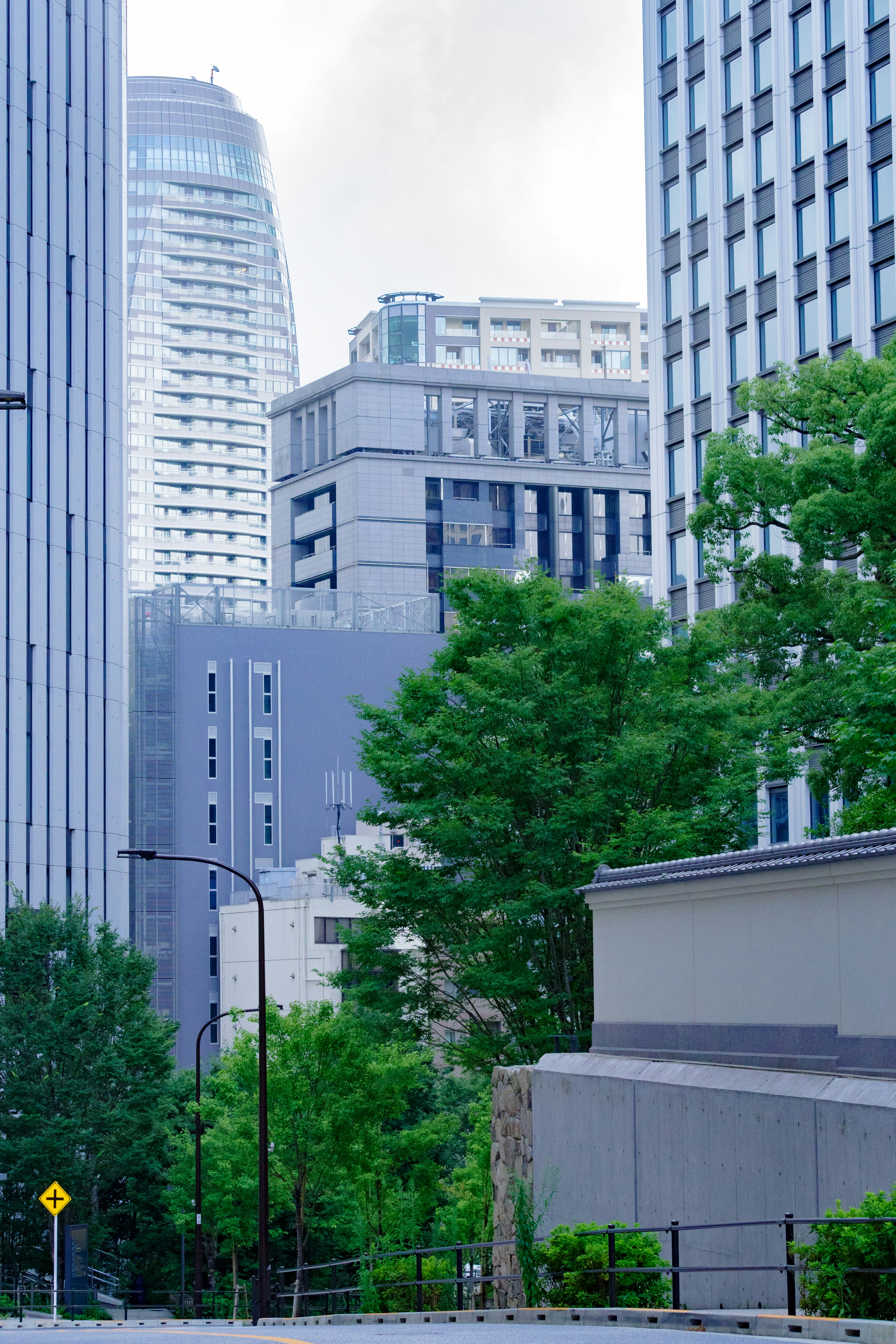 城市風景，特色摩天大樓和綠色樹木