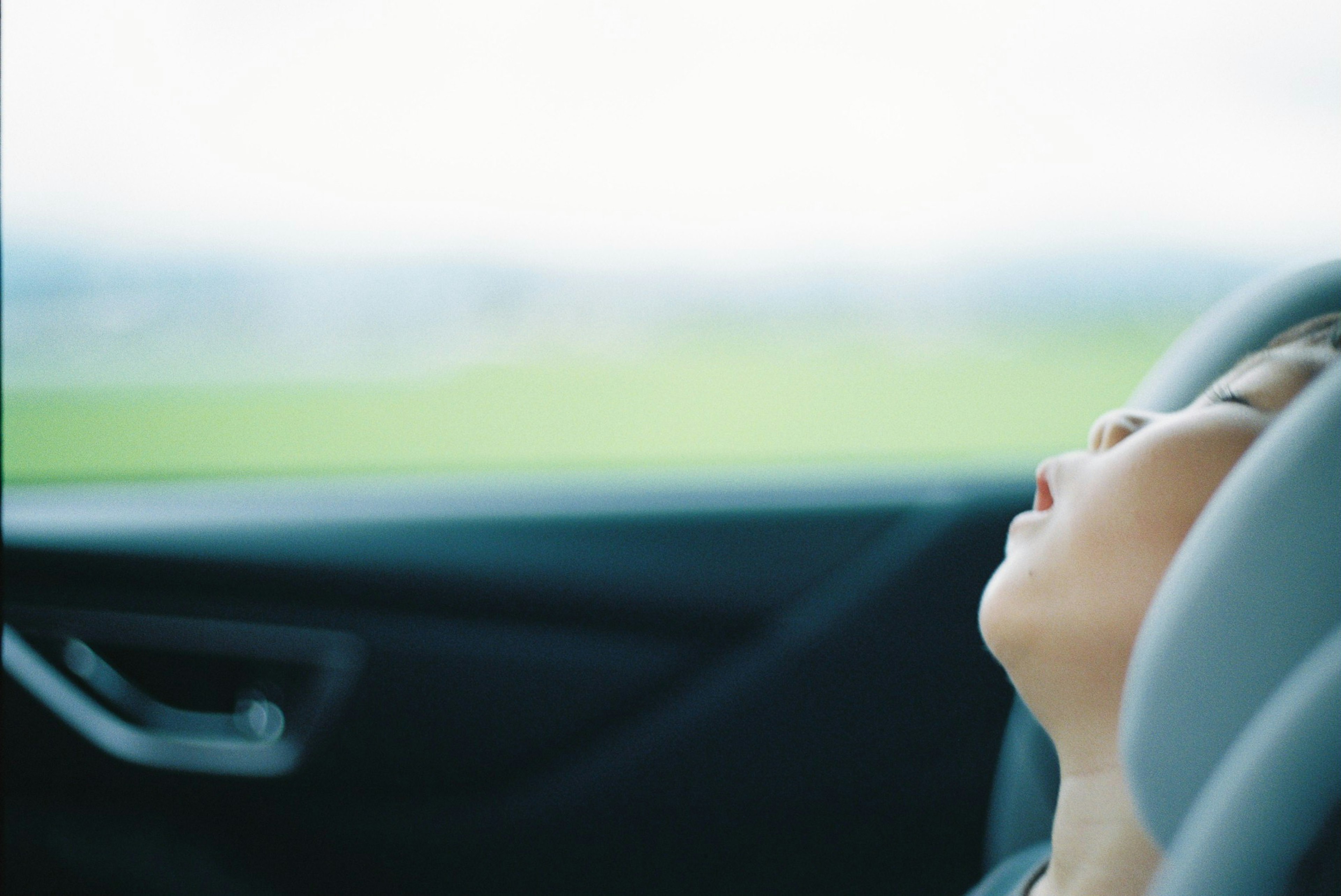 Child sleeping against the car window with a blurred green landscape