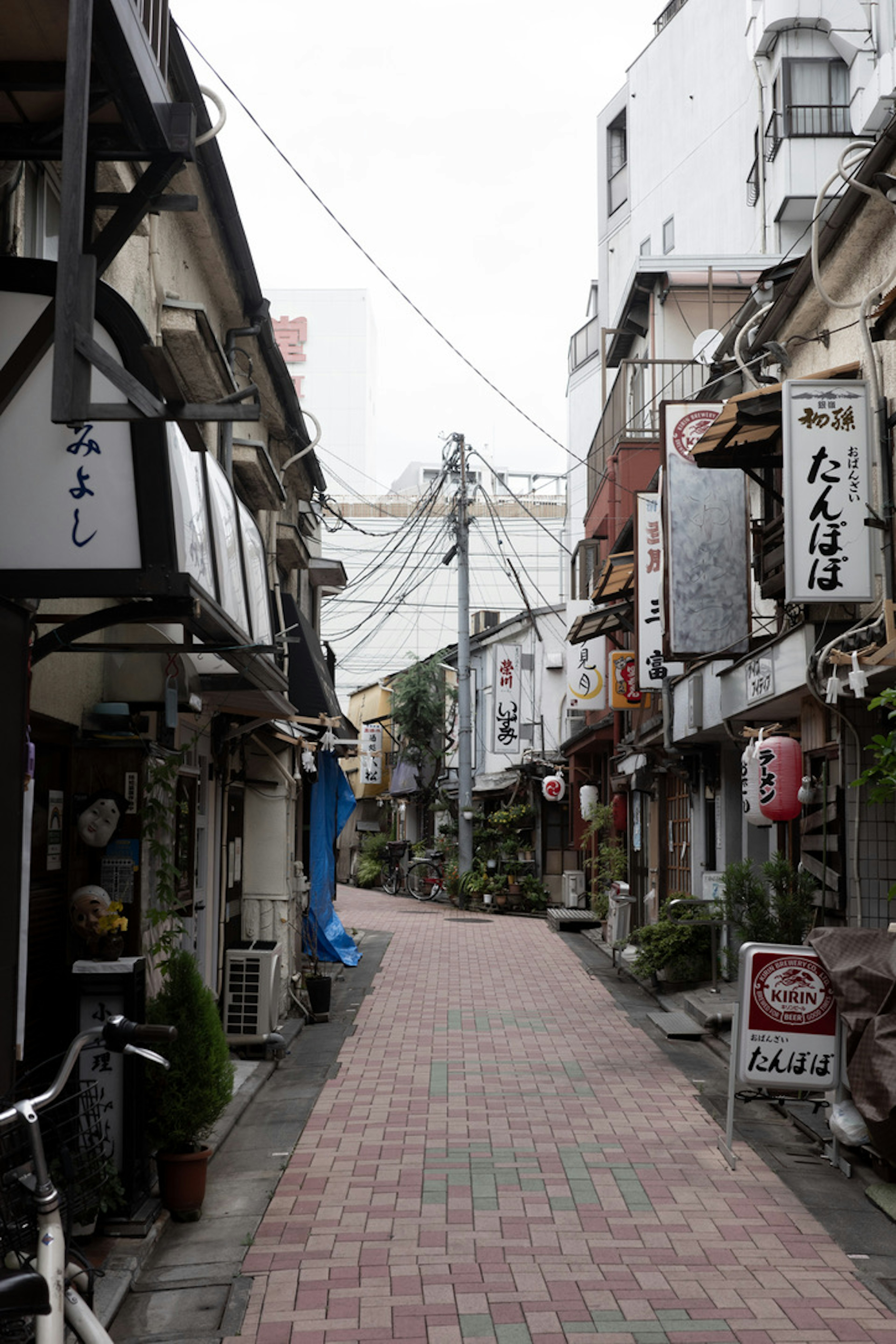 静かな日本の路地に並ぶ伝統的な店舗と看板