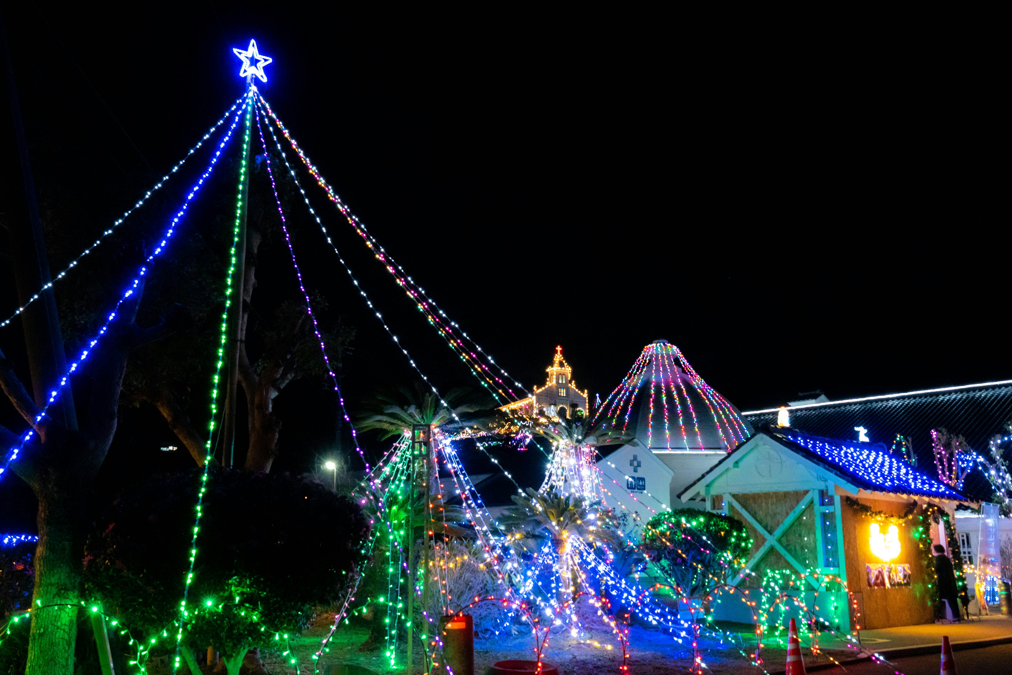 Lampu pohon Natal berwarna-warni bersinar di langit malam dengan dekorasi meriah