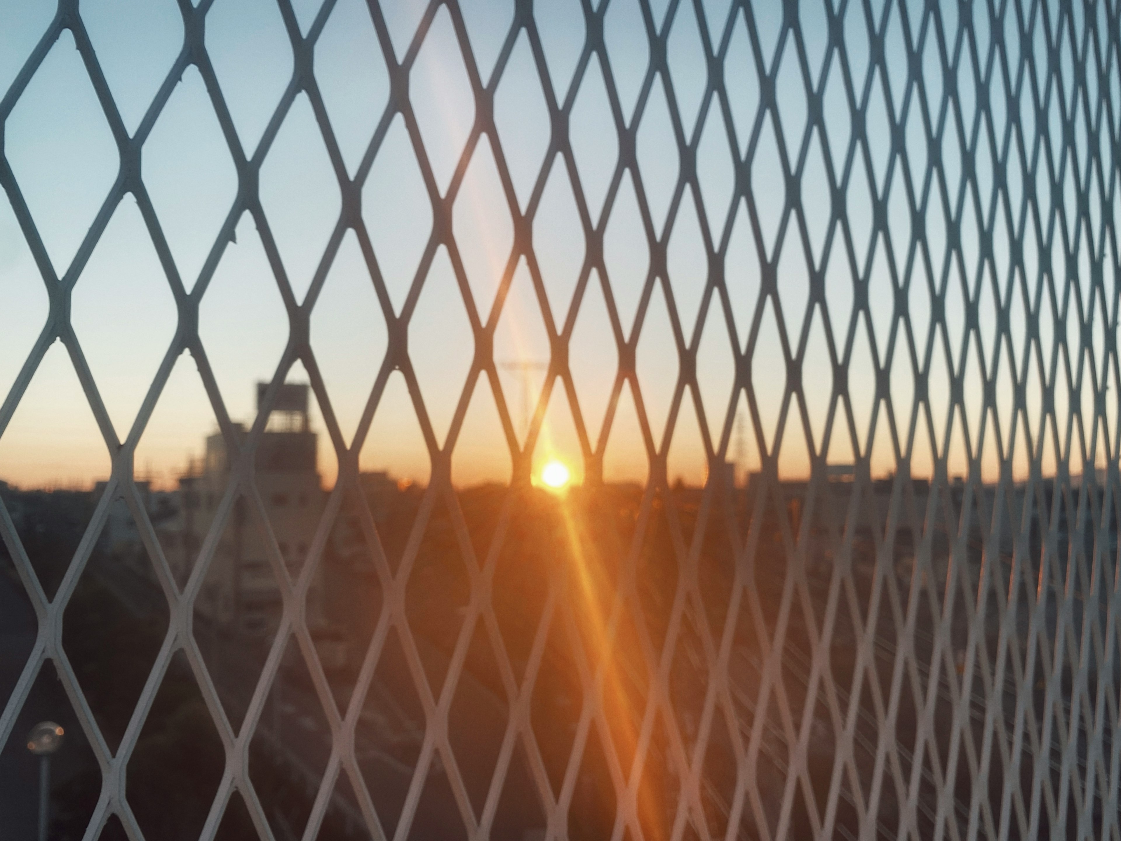 Sunset viewed through a diamond-patterned fence