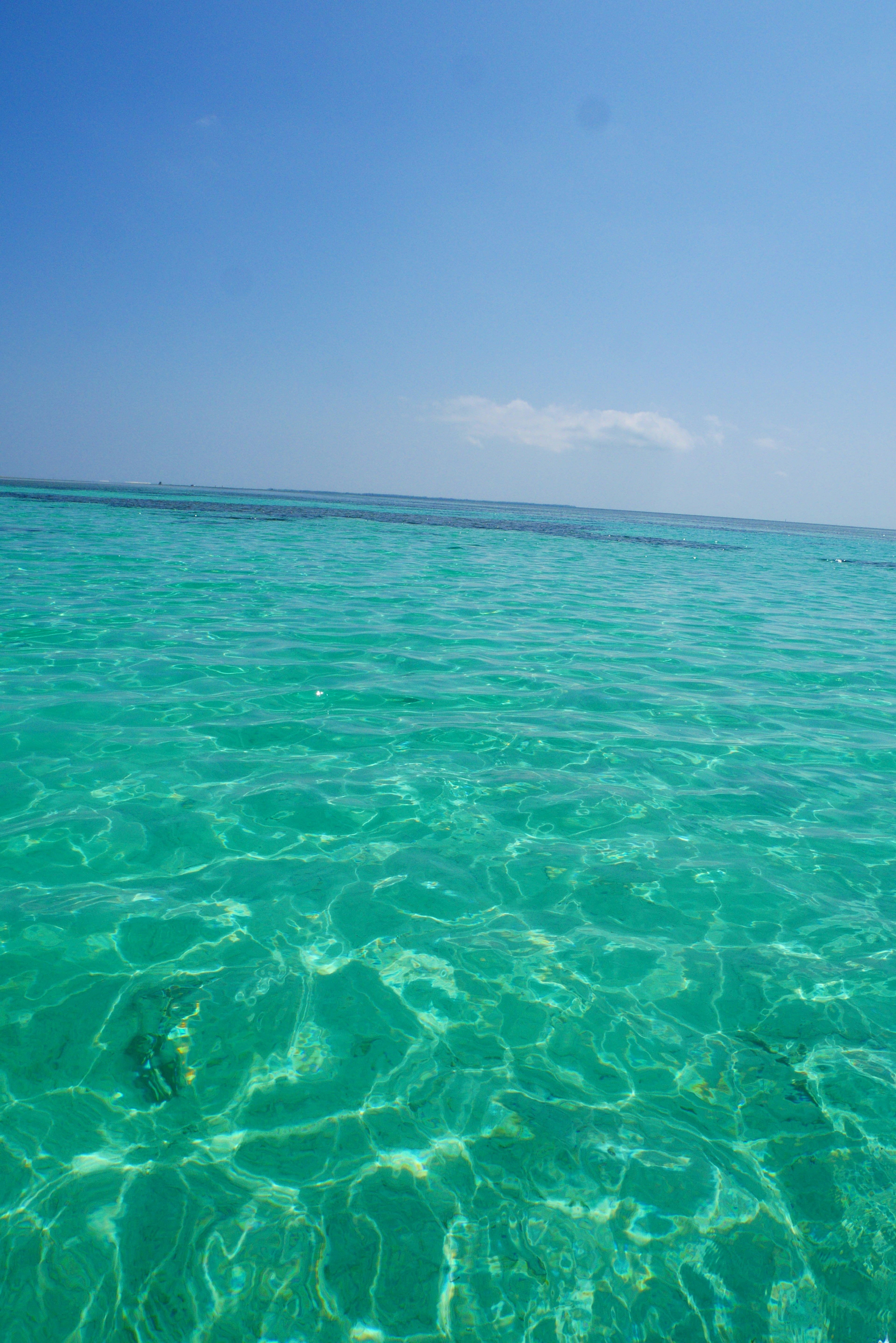 Agua turquesa clara bajo un cielo azul brillante