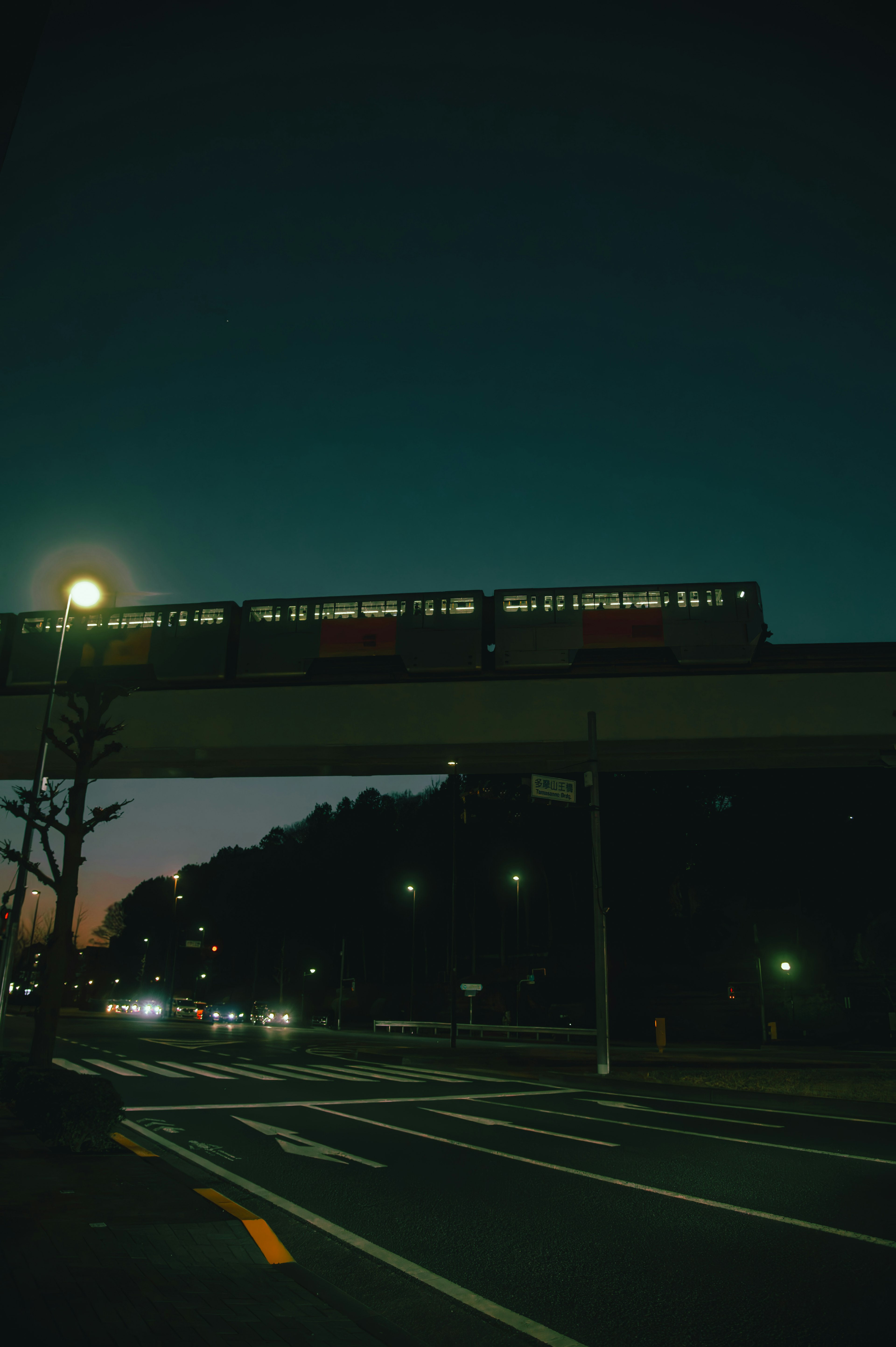 Tren elevado viajando bajo un cielo nocturno con farolas iluminadas