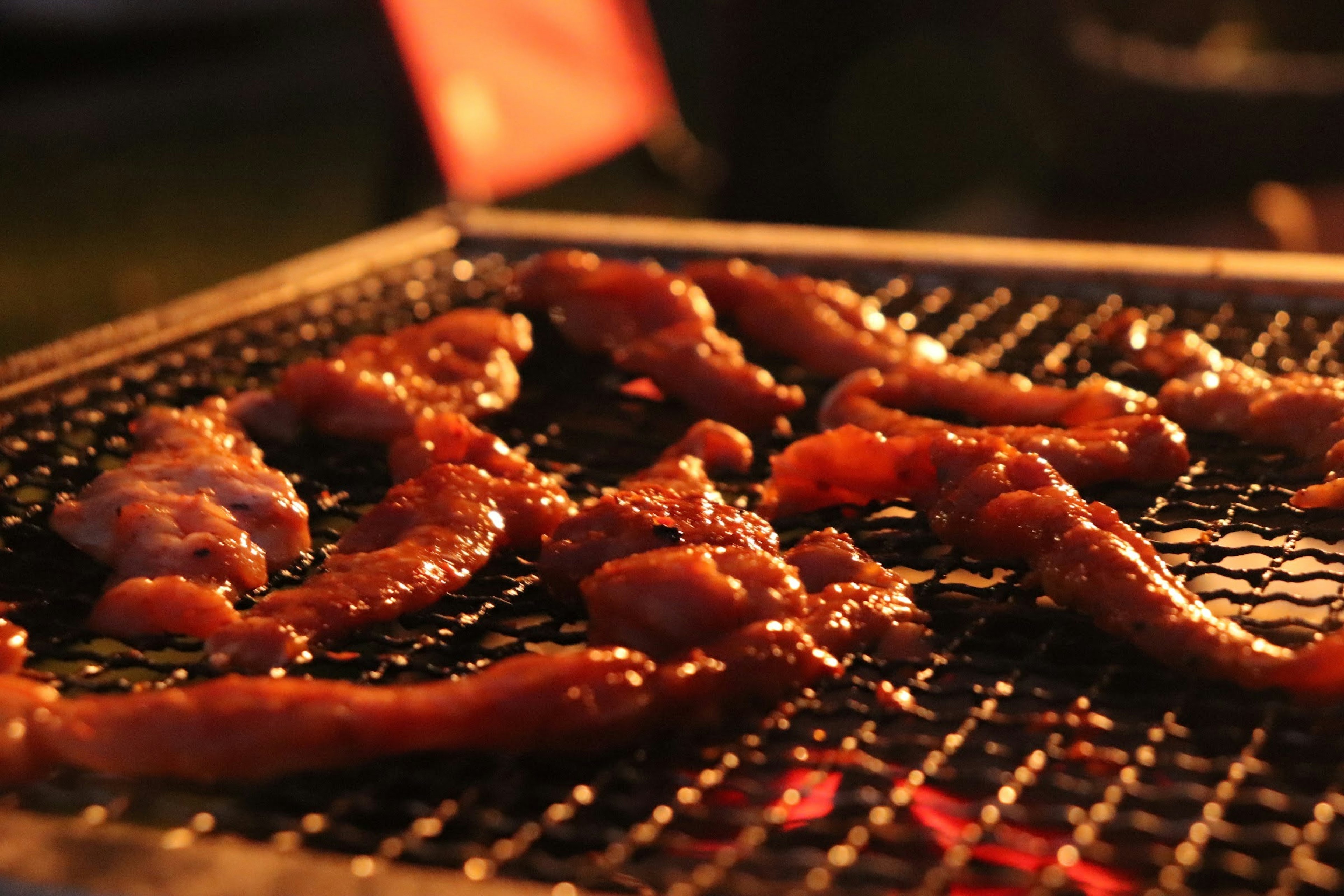 Slices of meat grilling on a barbecue rack