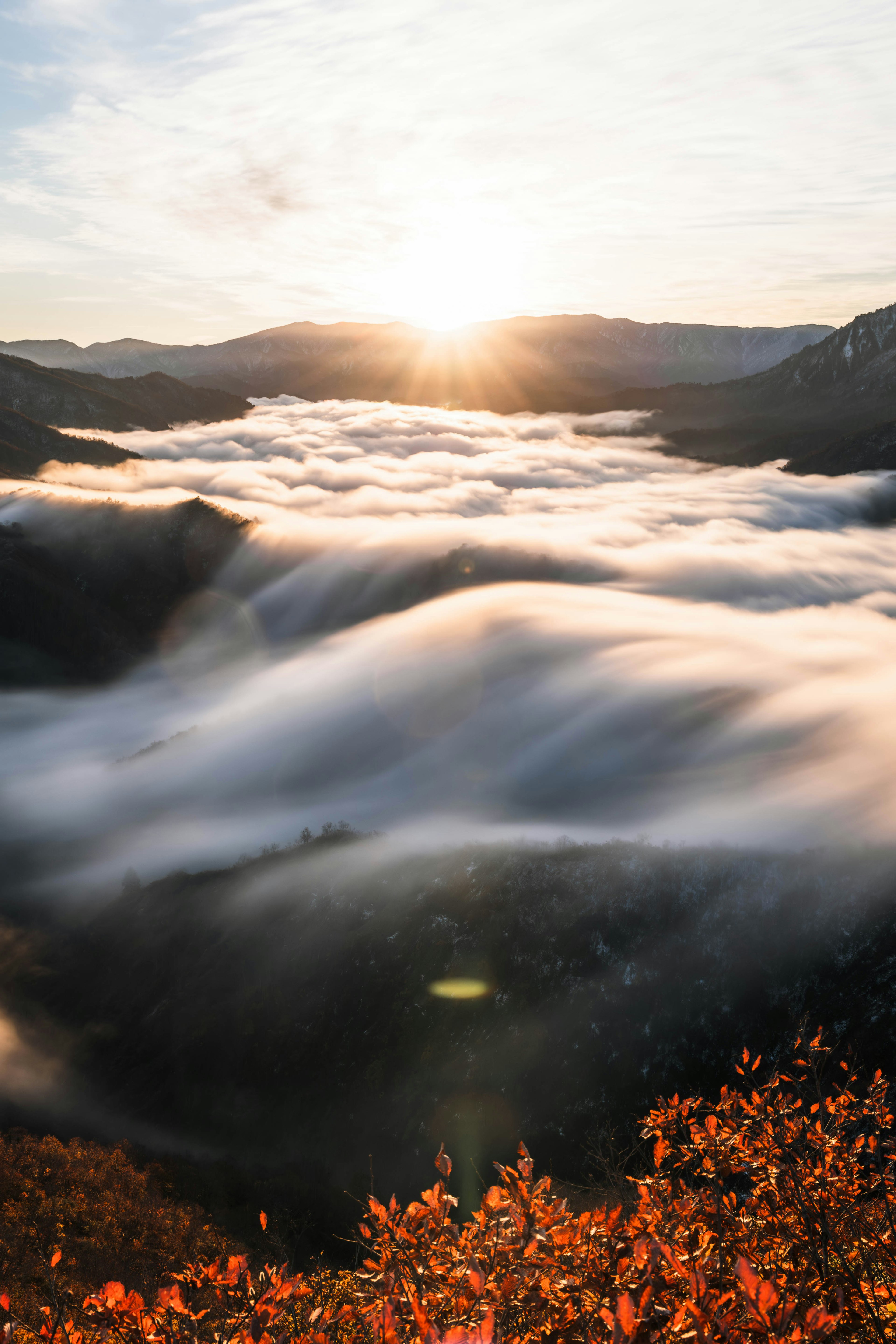 Sunrise over a valley filled with fog and autumn foliage