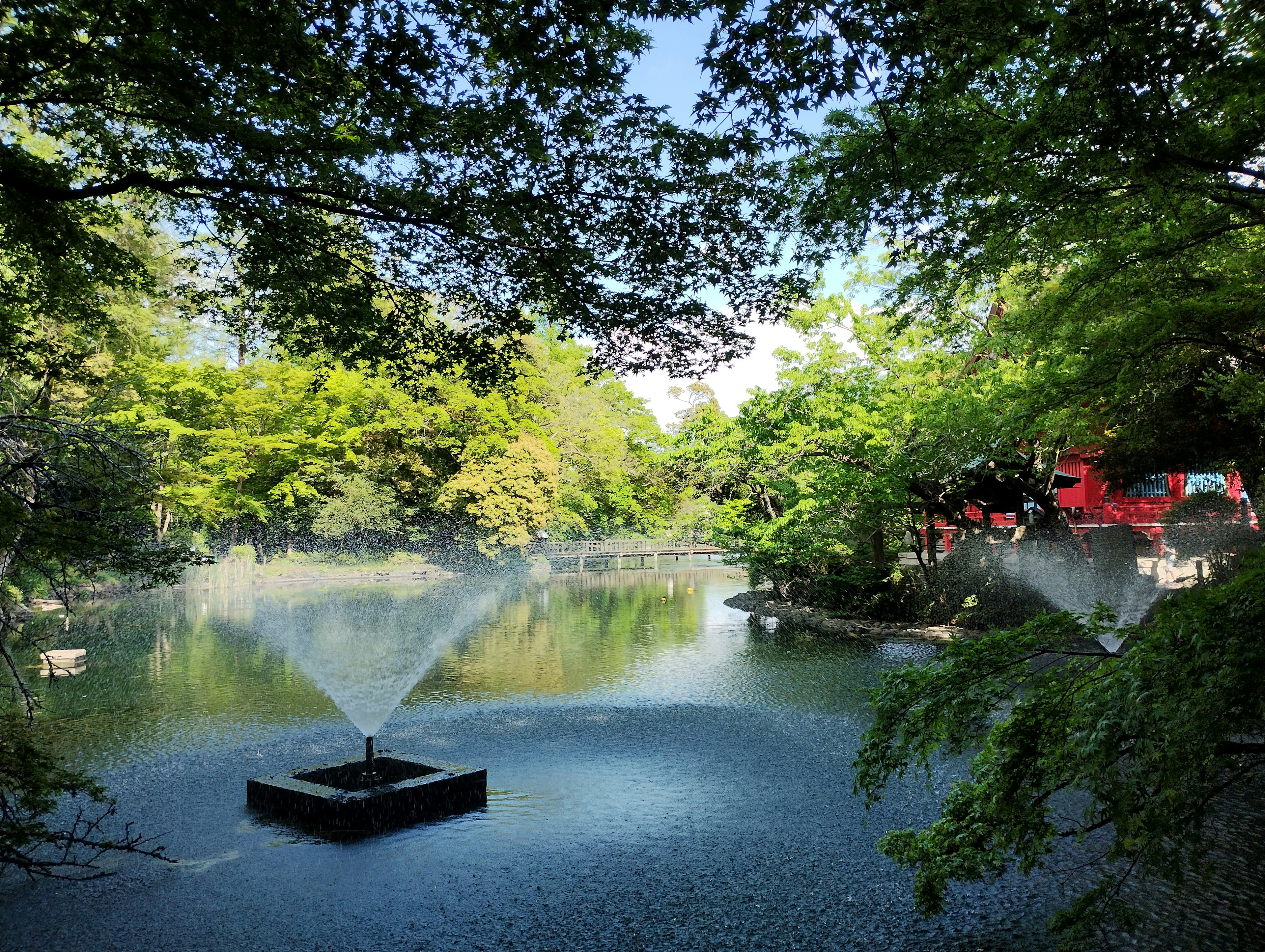 Malersicher Blick auf einen Parkteich mit Springbrunnen und üppigem Grün