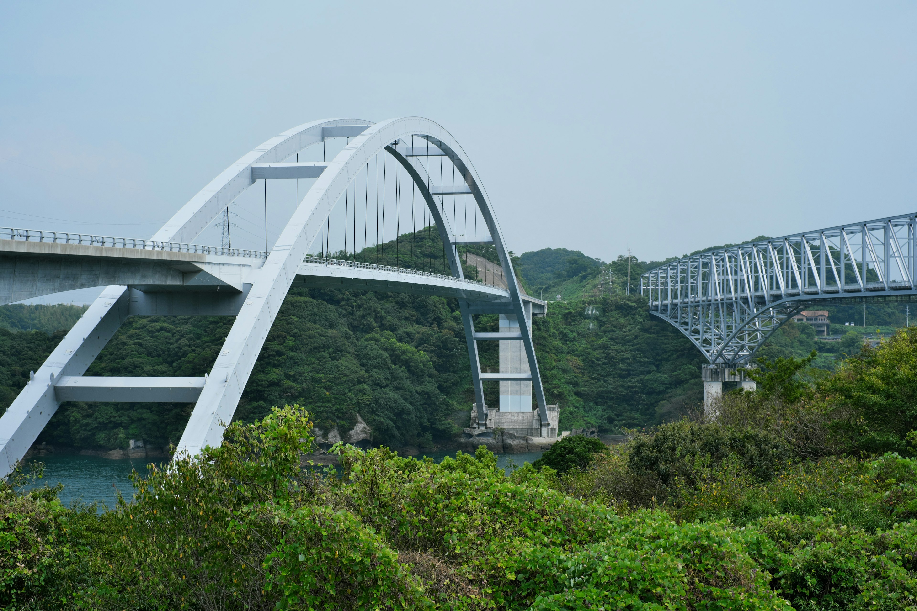 Malerei von einer weißen Bogenbrücke neben einer Metallbrücke umgeben von üppigem Grün