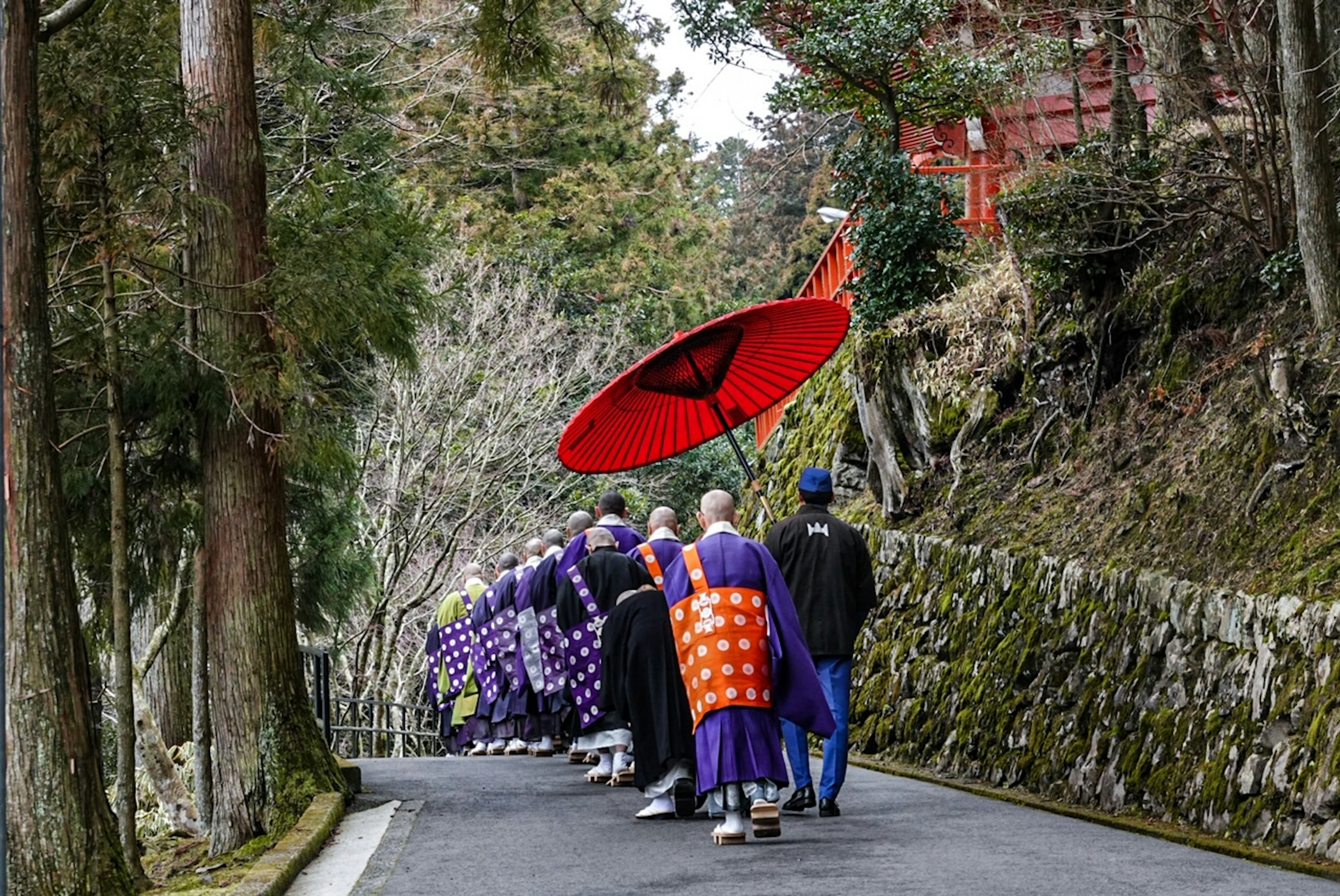 Monjes con vestimenta morada caminando bajo un paraguas rojo por un camino arbolado