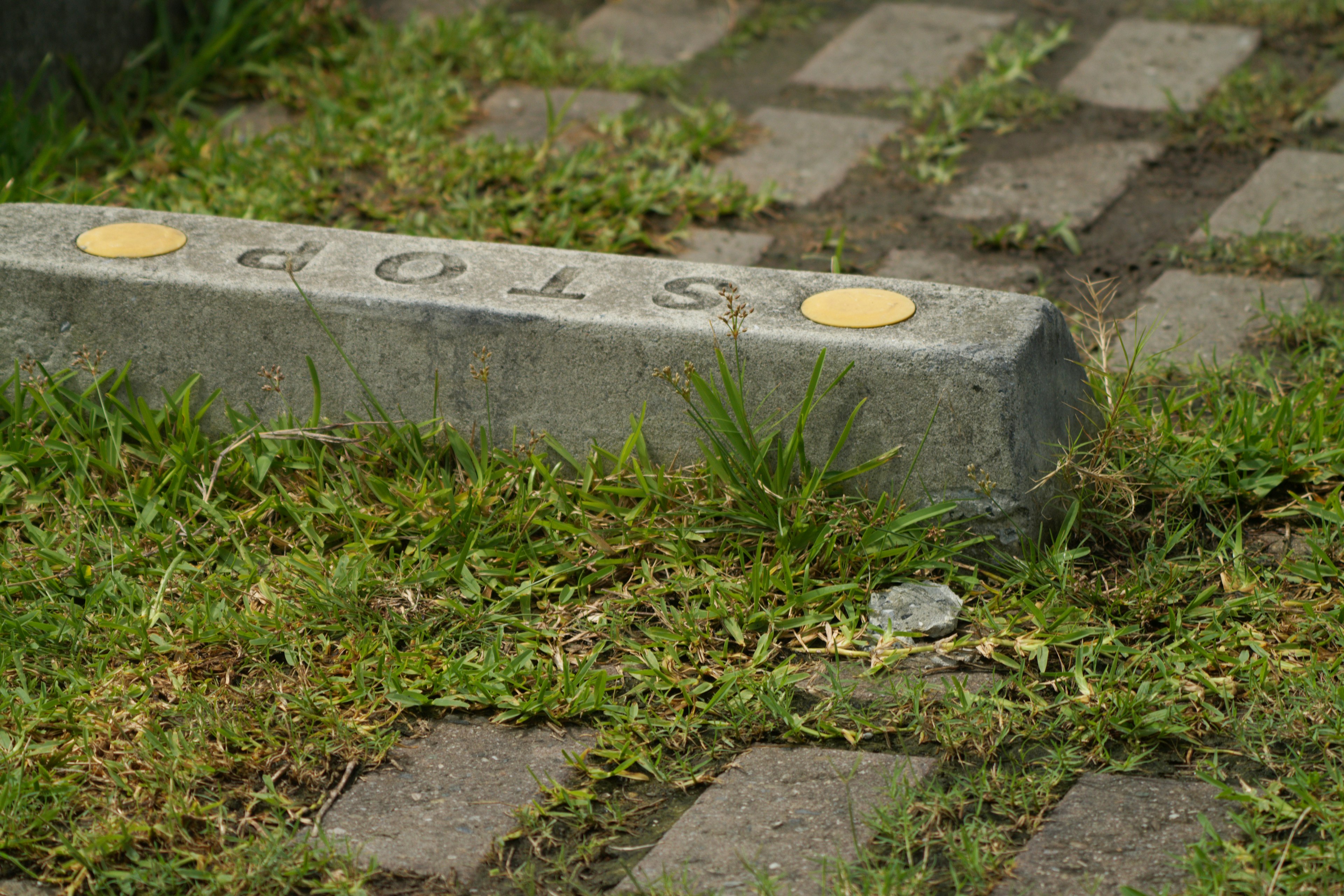 Bloc en béton avec le mot 'STOP' placé parmi l'herbe et les pavés