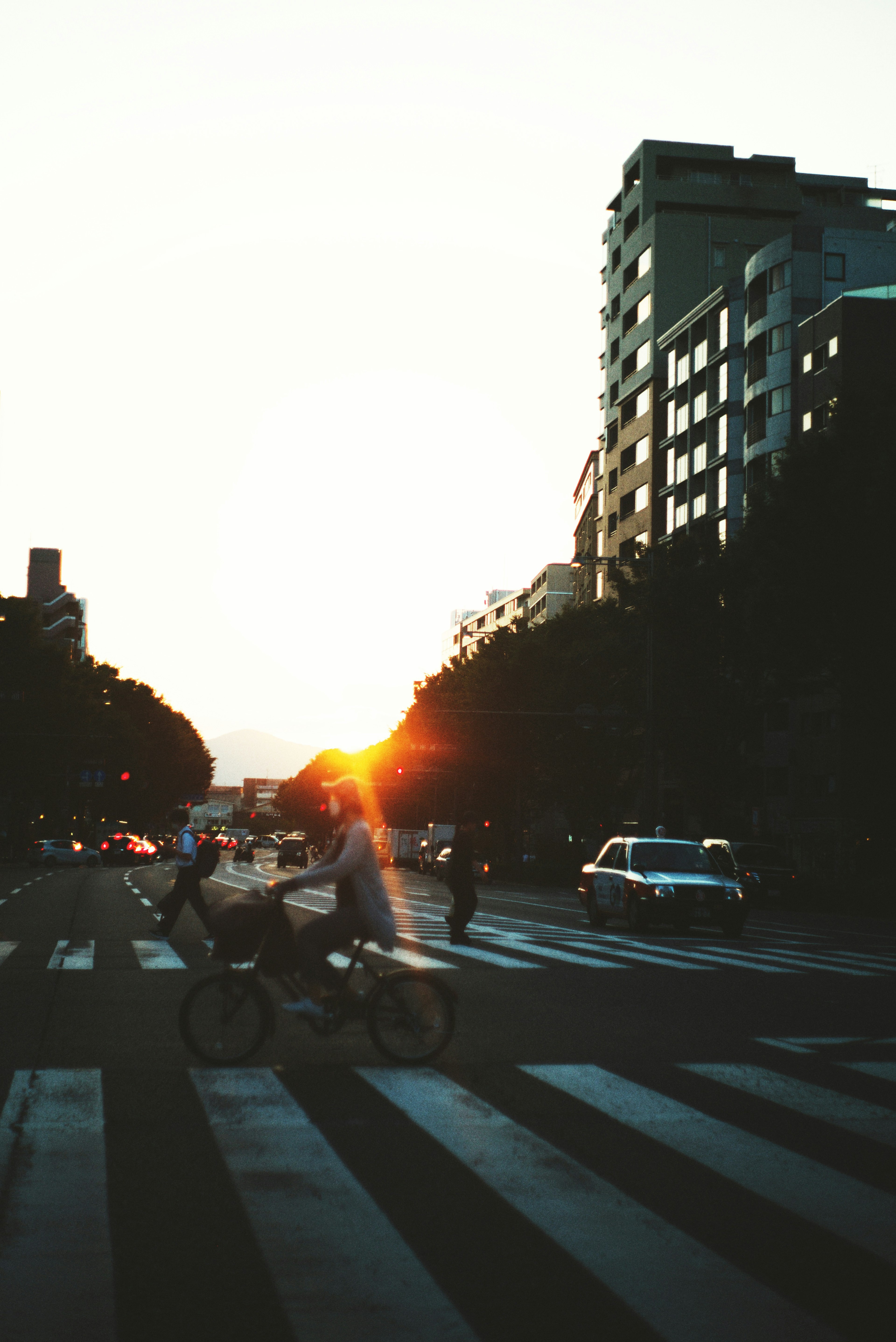 Personas montando bicicletas en un cruce urbano durante el atardecer