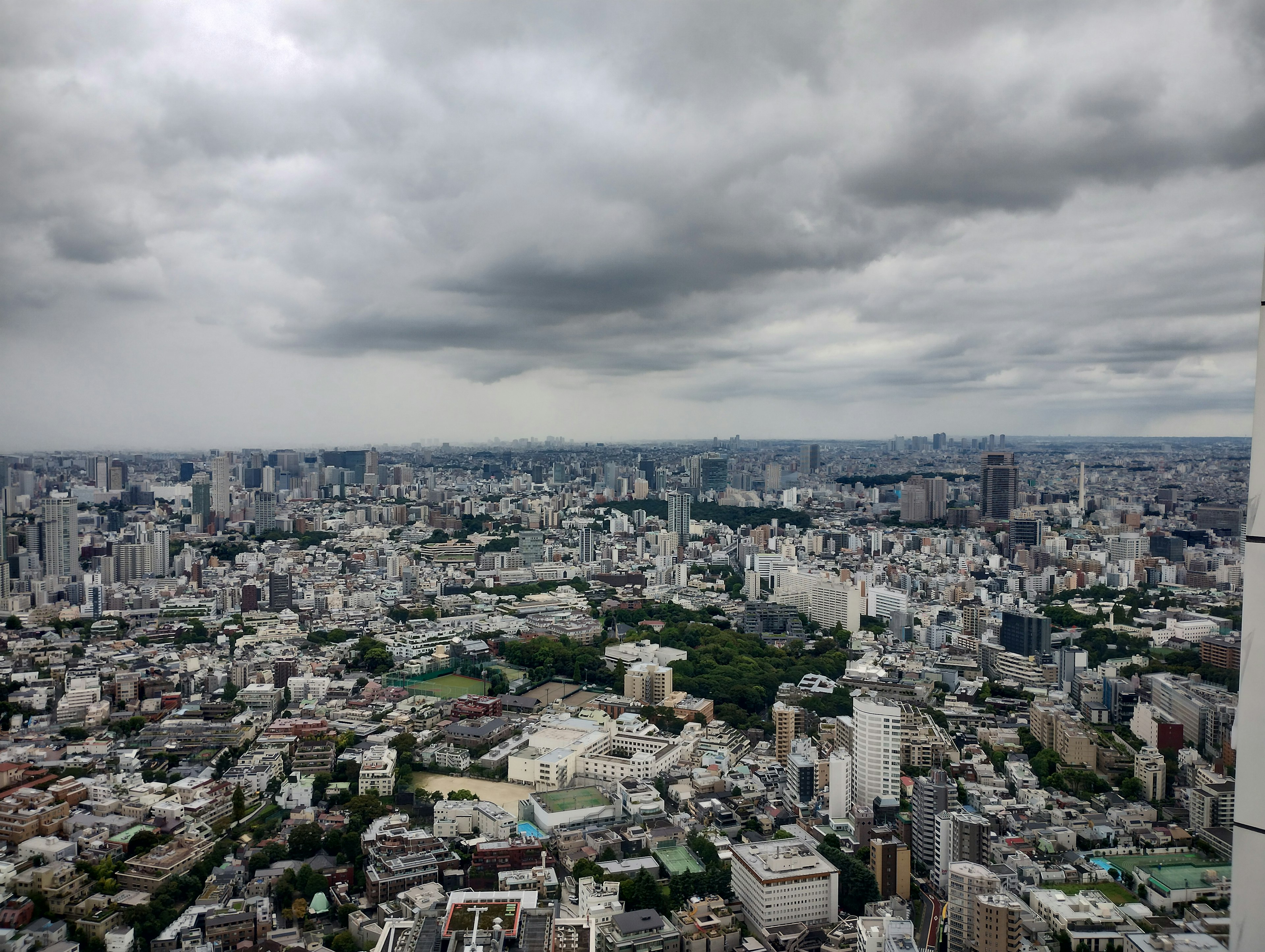 Pemandangan garis langit Tokyo dengan gedung pencakar langit dan taman di bawah langit mendung