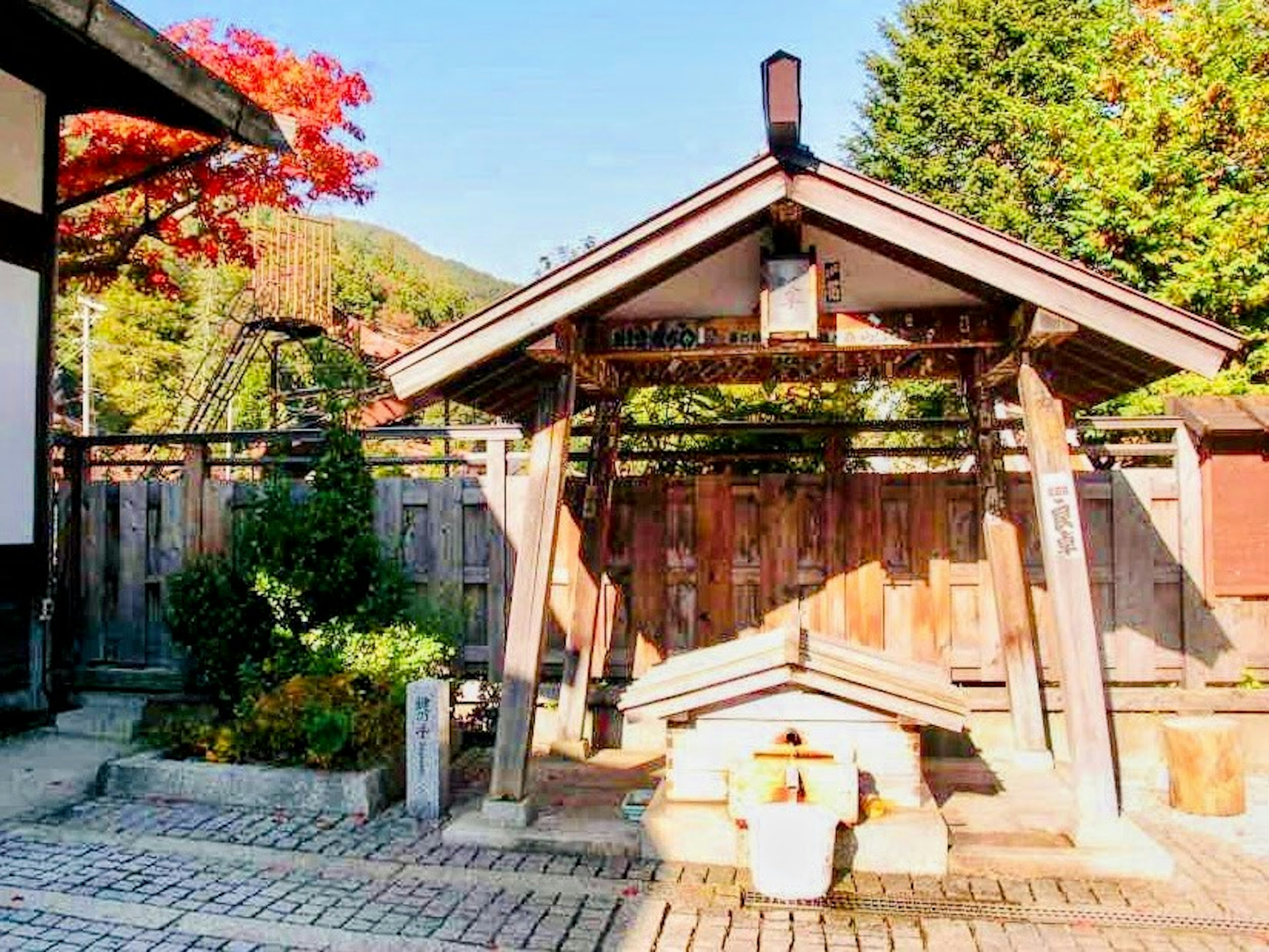 Traditional Japanese shrine's temizuya with autumn foliage